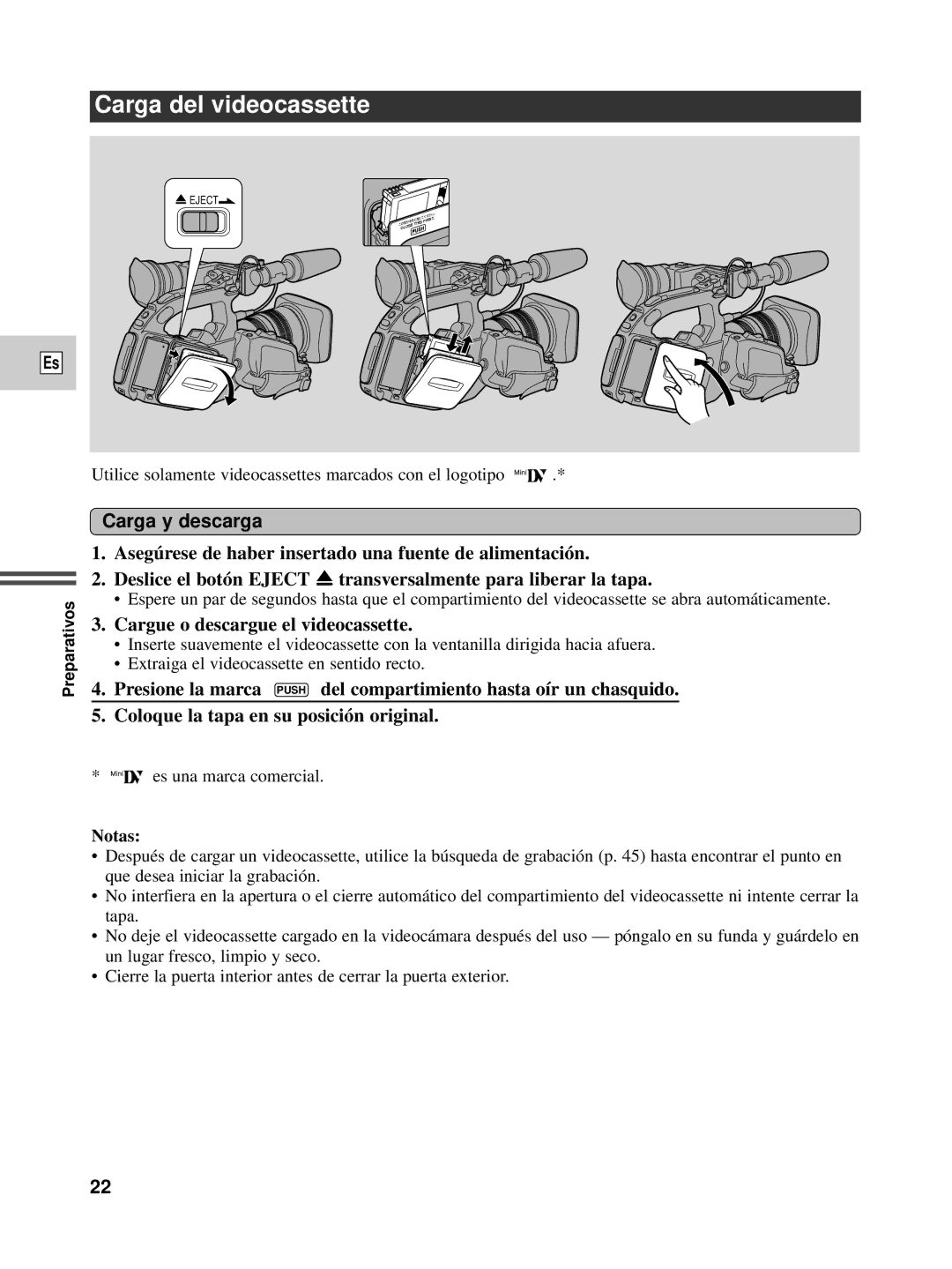 Canon XL1S instruction manual Carga del videocassette, Carga y descarga, Cargue o descargue el videocassette 