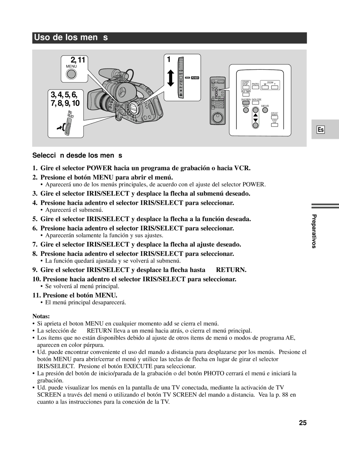 Canon XL1S instruction manual Uso de los menú s, 5, 6, 7, 8, 9, Selecció n desde los menú s, Presione el botón Menu 