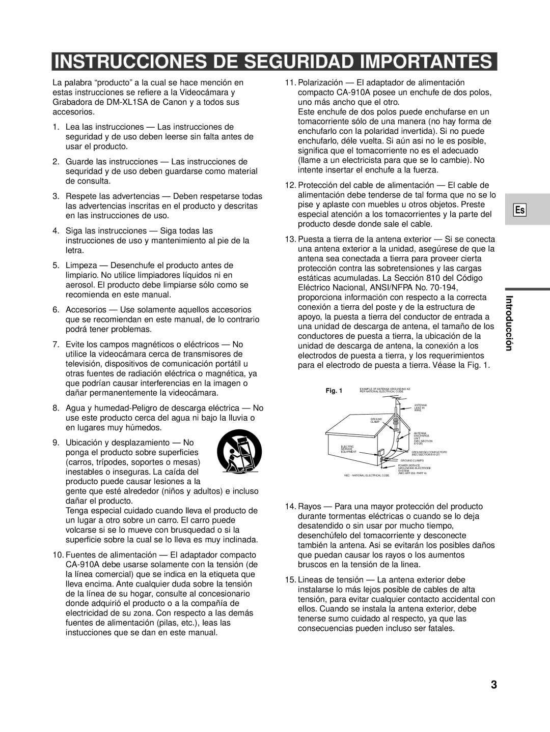 Canon XL1S instruction manual Instrucciones DE Seguridad Importantes 