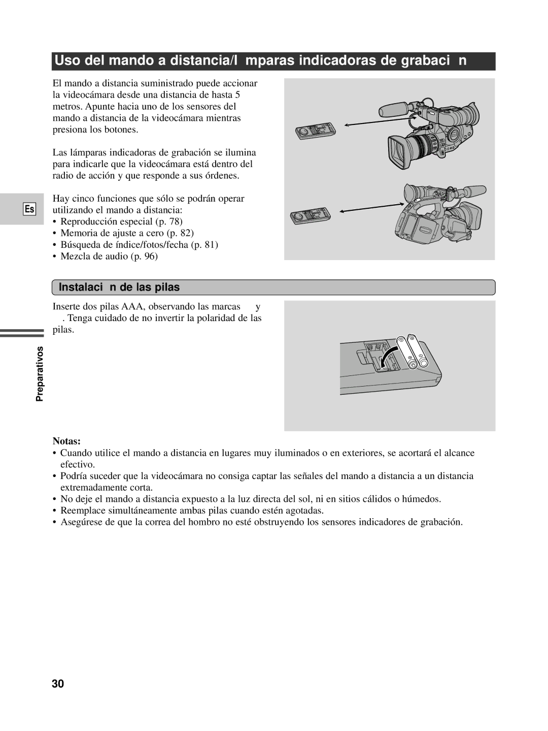 Canon XL1S instruction manual Instalació n de las pilas, Notas 