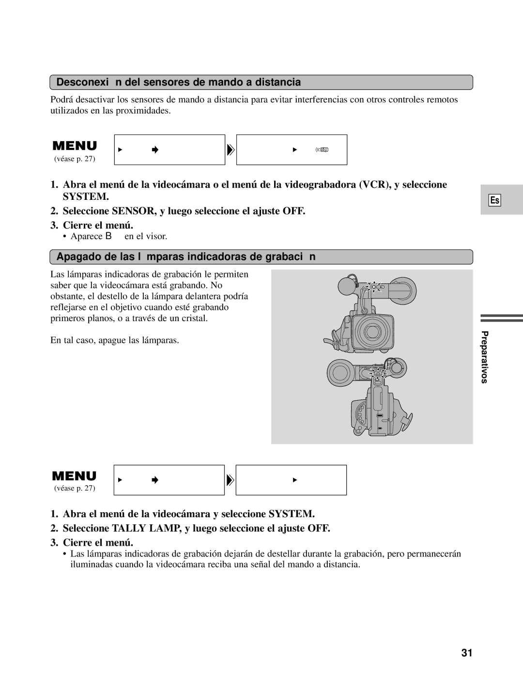 Canon XL1S Desconexió n del sensores de mando a distancia, Apagado de las lá mparas indicadoras de grabació n 