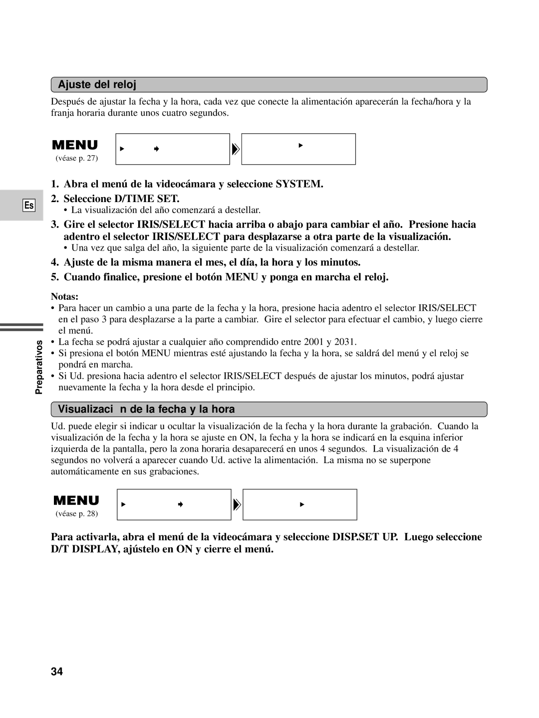 Canon XL1S instruction manual Ajuste del reloj, Visualizació n de la fecha y la hora 