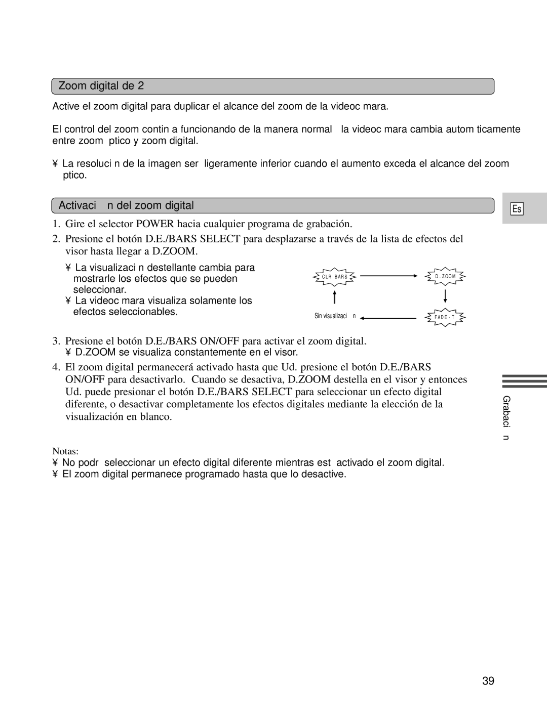 Canon XL1S instruction manual Zoom digital de 2⋅, Activació n del zoom digital 