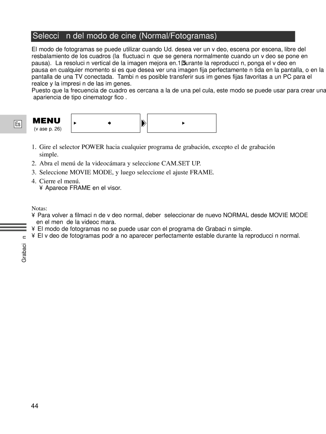 Canon XL1S instruction manual Selecció n del modo de cine Normal/Fotogramas 