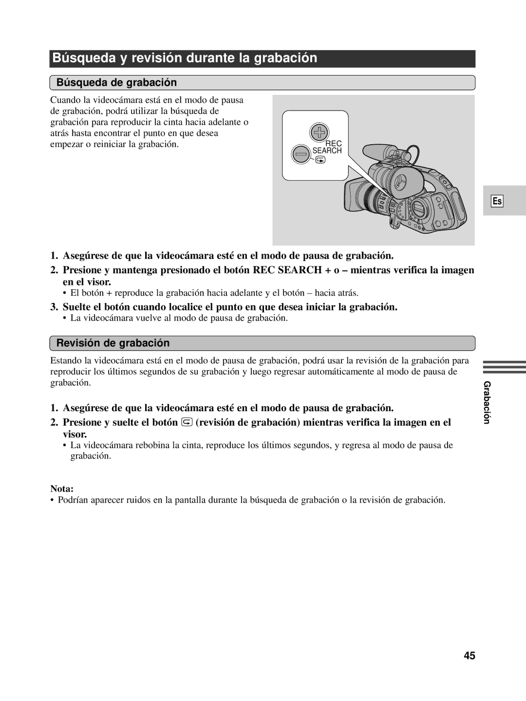 Canon XL1S instruction manual Bú squeda y revisió n durante la grabació n, Bú squeda de grabació n, Revisió n de grabació n 