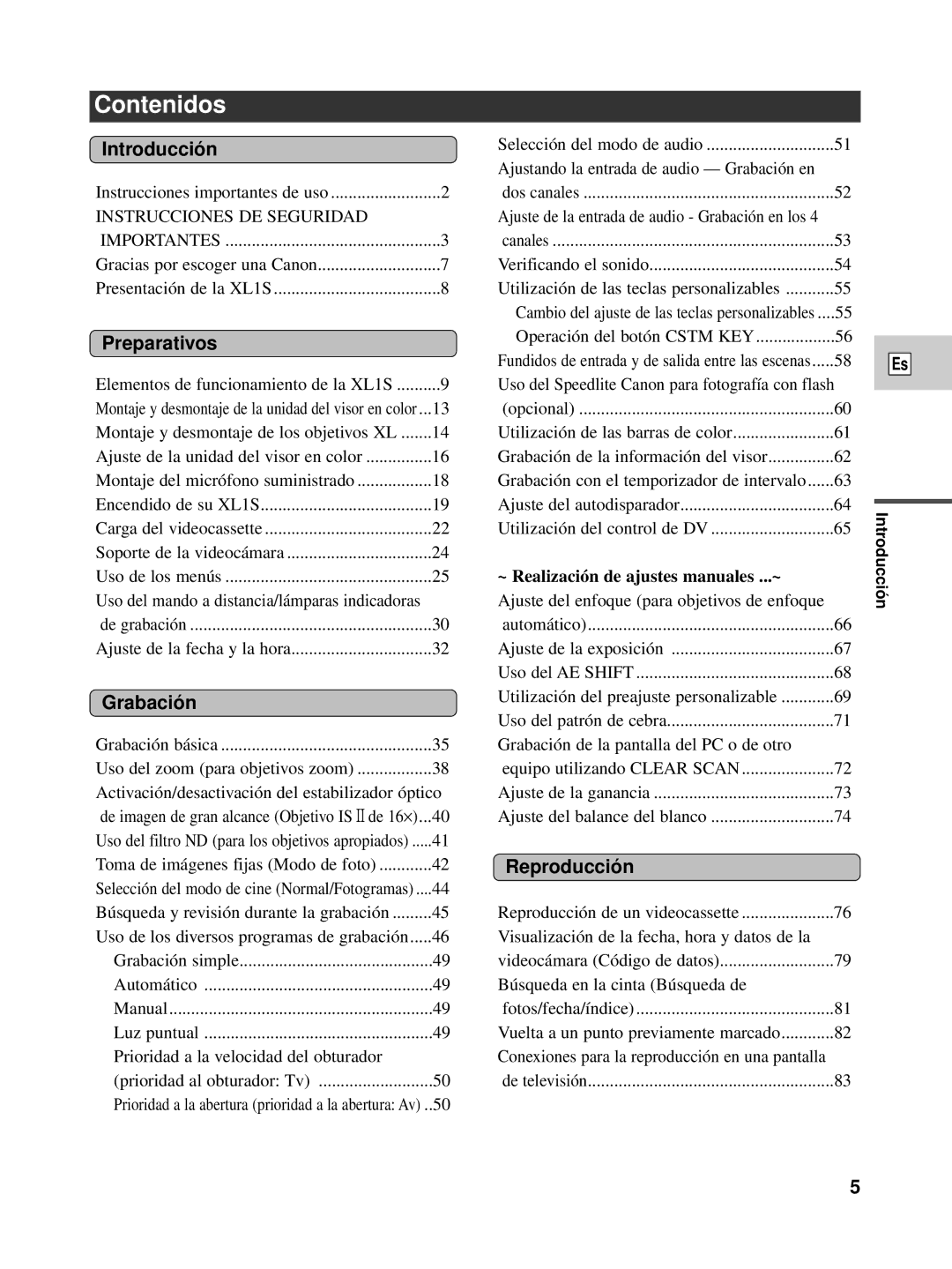 Canon XL1S instruction manual Contenidos, Introducció n, Preparativos, Grabació n, Reproducció n 