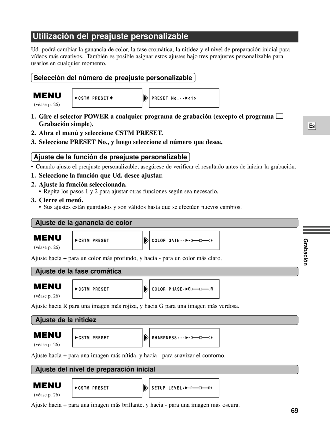 Canon XL1S instruction manual Utilizació n del preajuste personalizable 