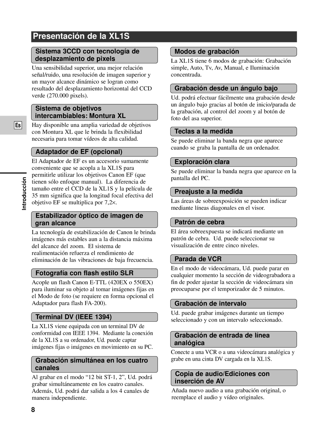 Canon instruction manual Presentació n de la XL1S 