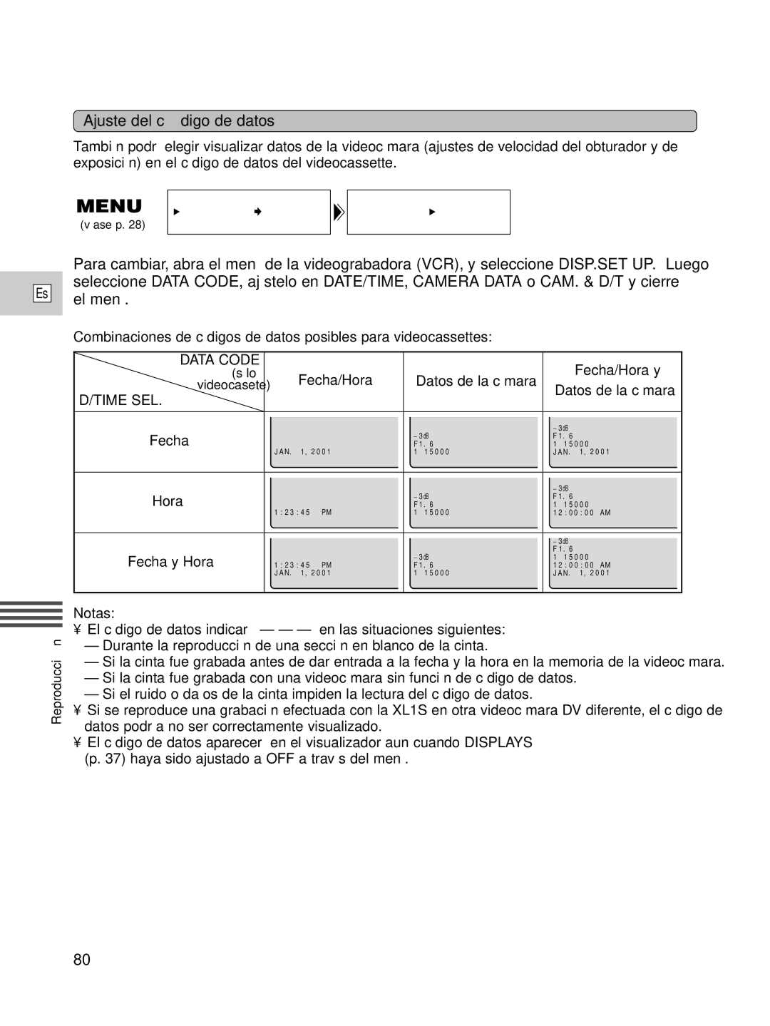 Canon XL1S instruction manual Ajuste del có digo de datos, Time SEL 