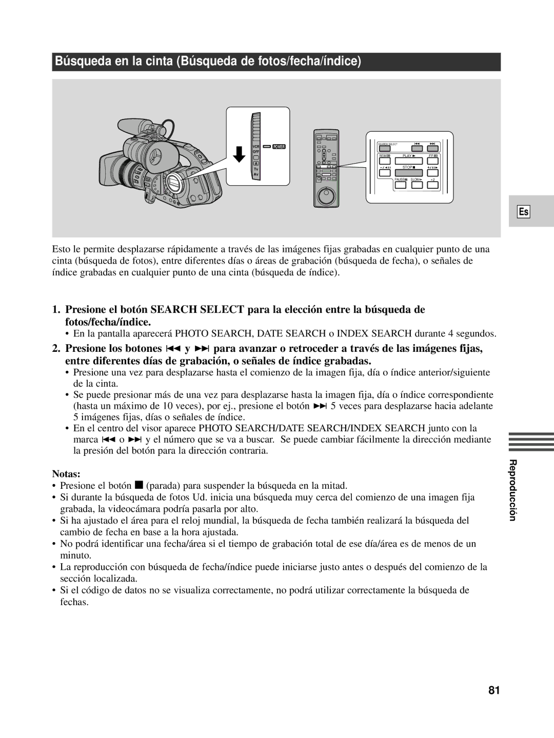 Canon XL1S instruction manual Bú squeda en la cinta Bú squeda de fotos/fecha/índice 