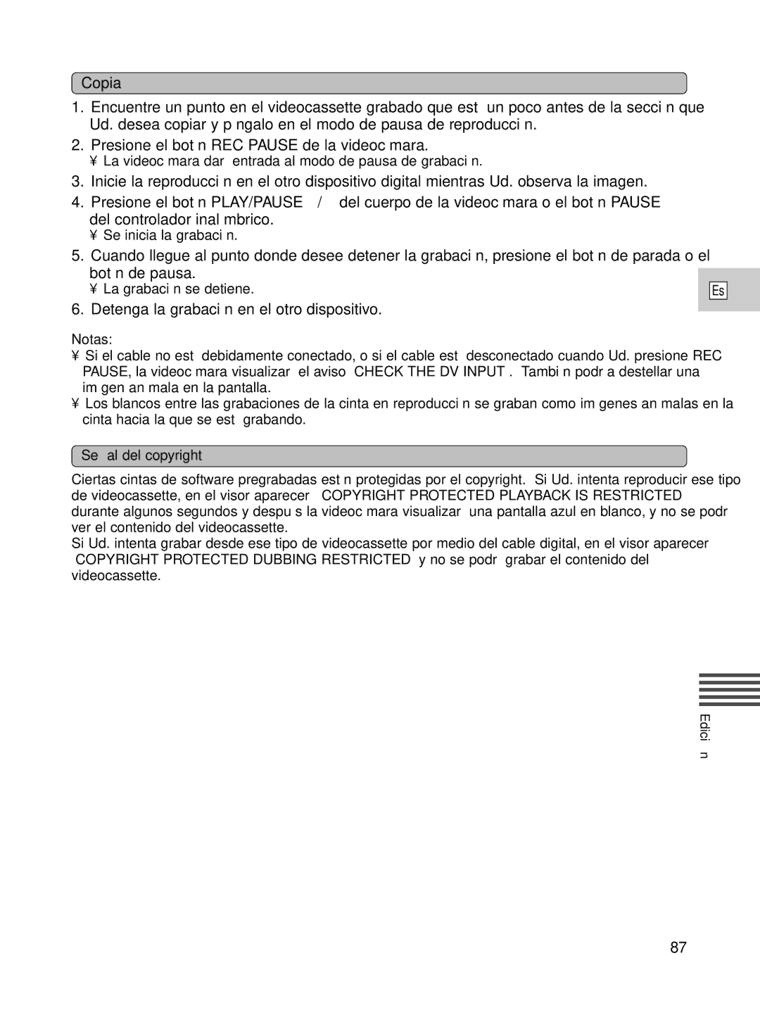 Canon XL1S instruction manual Copia, Detenga la grabación en el otro dispositivo 