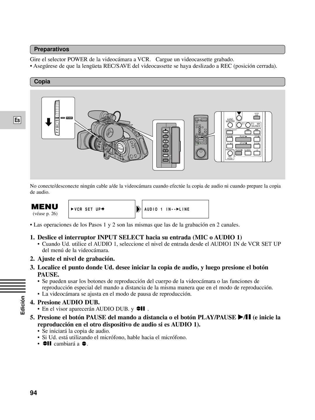 Canon XL1S instruction manual Pause, Presione Audio DUB 