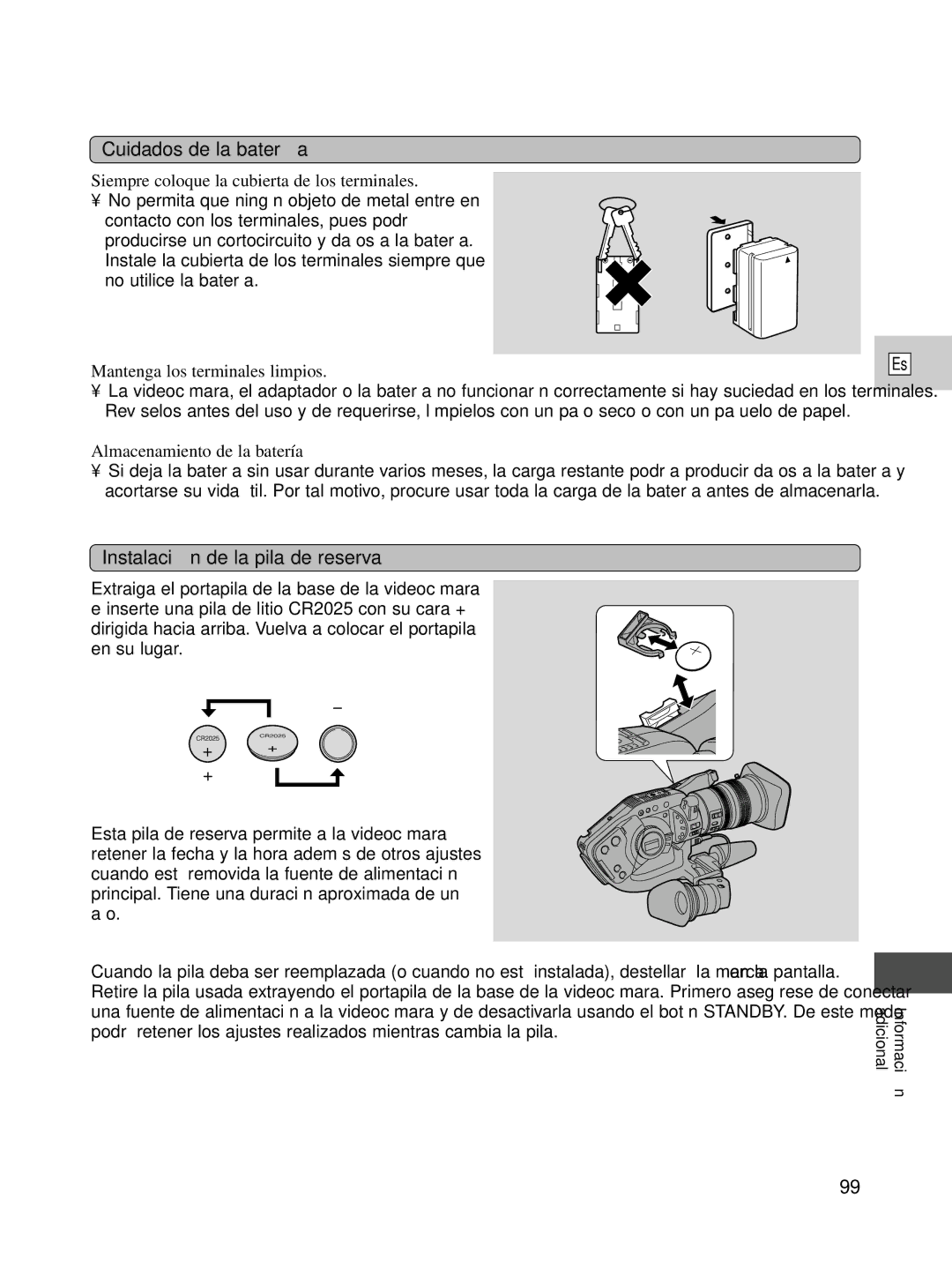 Canon XL1S Cuidados de la batería, Instalació n de la pila de reserva, Siempre coloque la cubierta de los terminales 