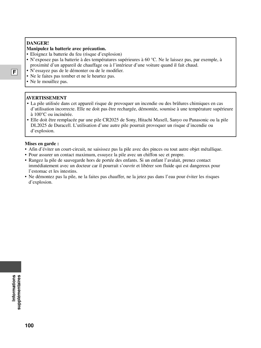 Canon XL1S instruction manual 100, Manipulez la batterie avec précaution, Mises en garde 