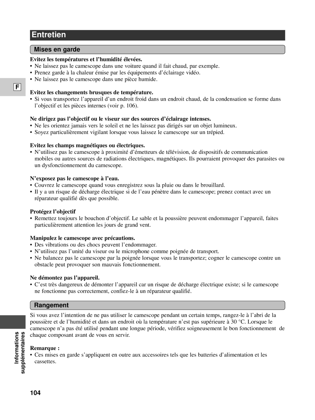 Canon XL1S instruction manual Entretien, Mises en garde, Rangement, 104 