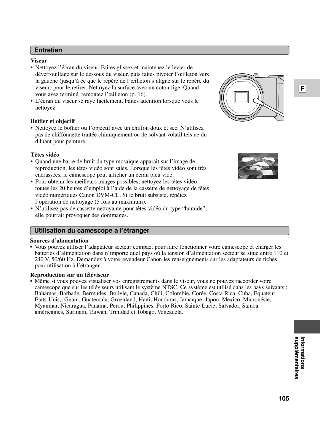 Canon XL1S instruction manual Entretien, Utilisation du camescope à l’é tranger, 105 