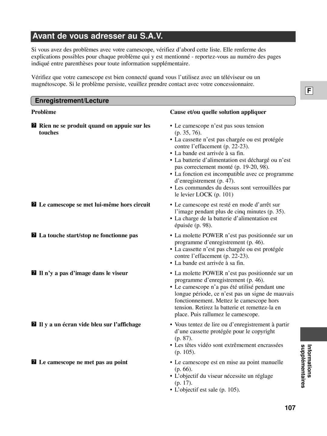 Canon XL1S instruction manual Avant de vous adresser au S.A.V, Enregistrement/Lecture, 107 