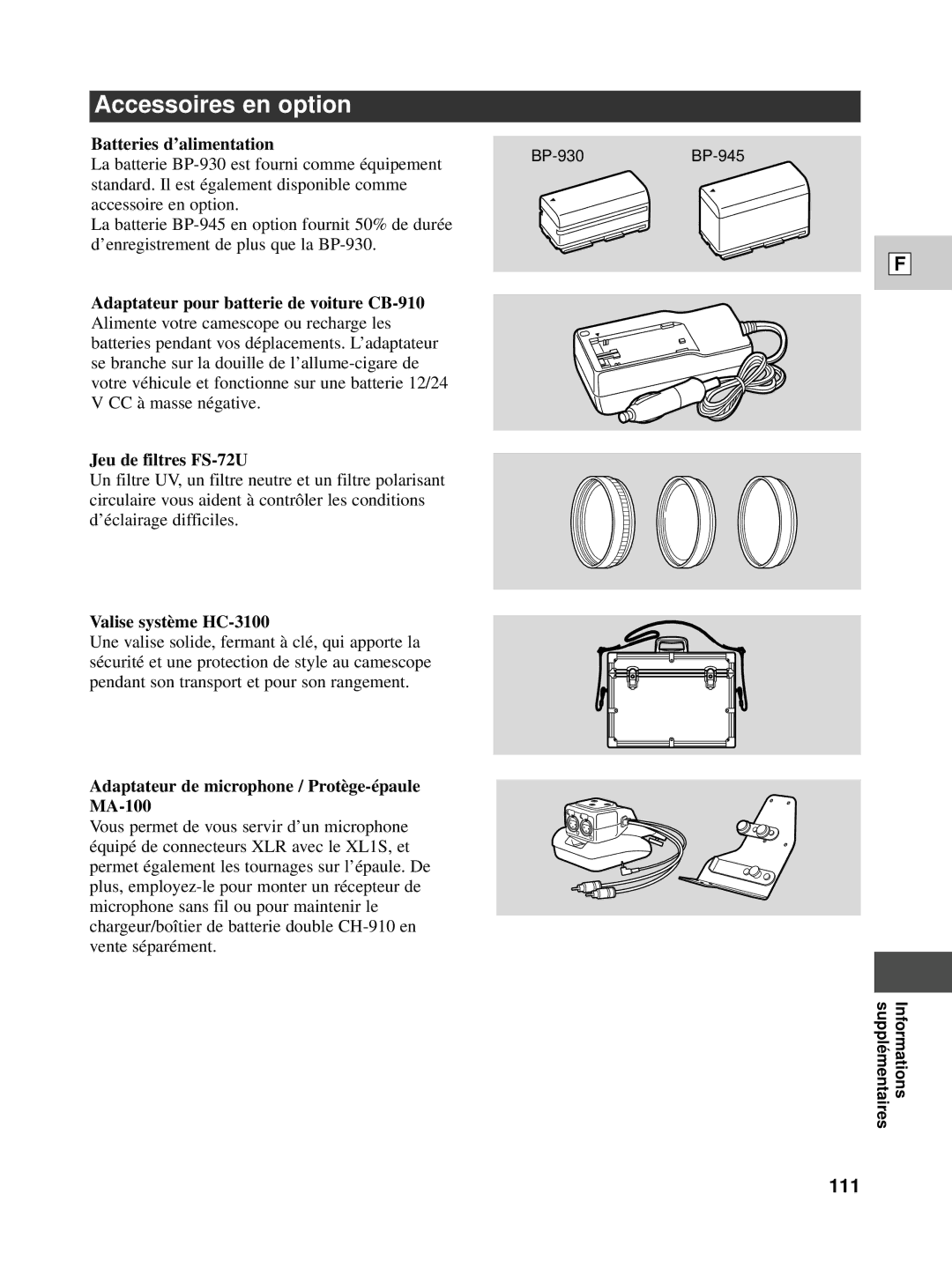 Canon XL1S instruction manual Accessoires en option, 111 