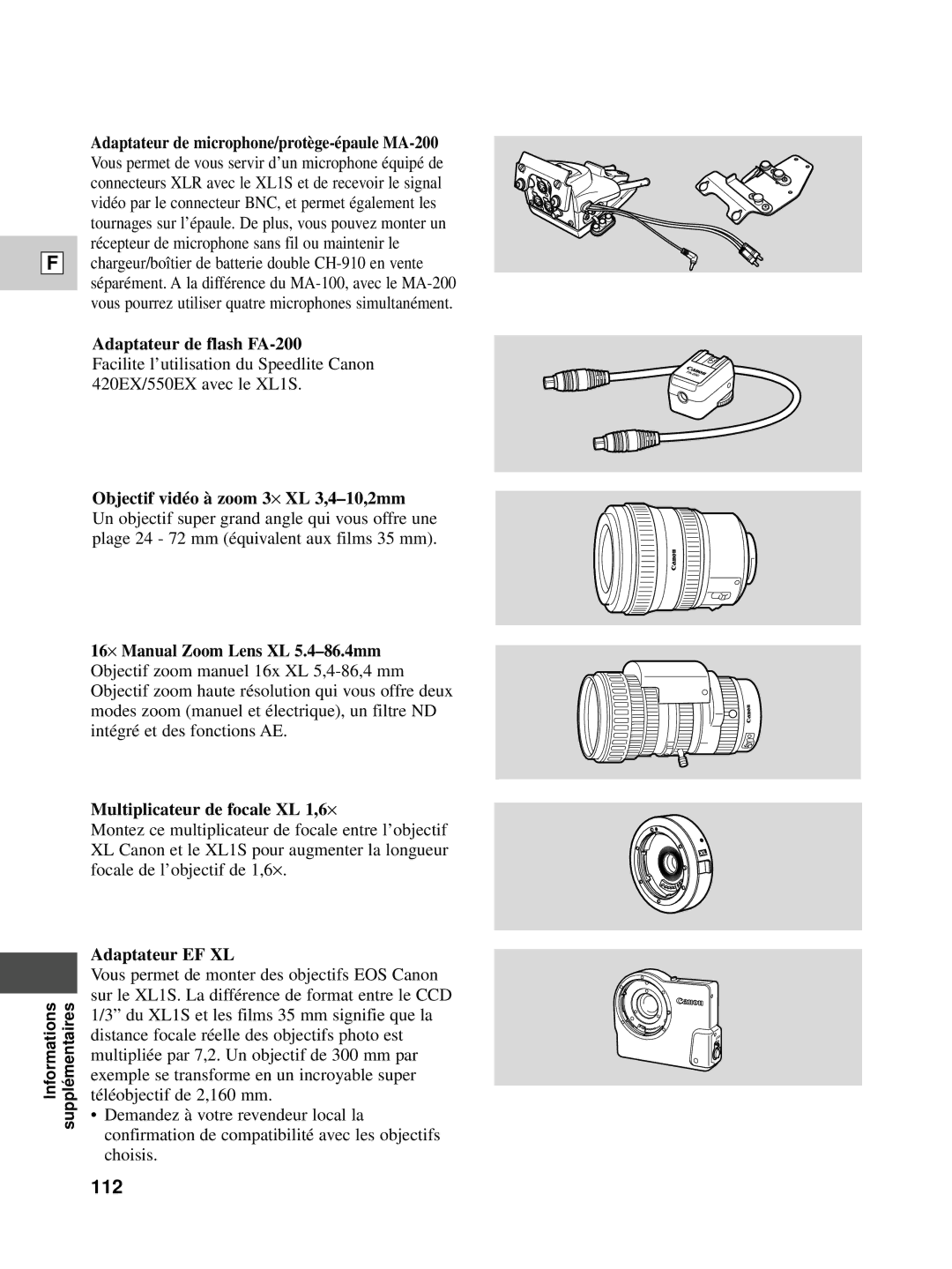 Canon XL1S instruction manual 112, Adaptateur de flash FA-200, Objectif vidéo à zoom 3 ⋅ XL 3,4-10,2mm, Adaptateur EF XL 