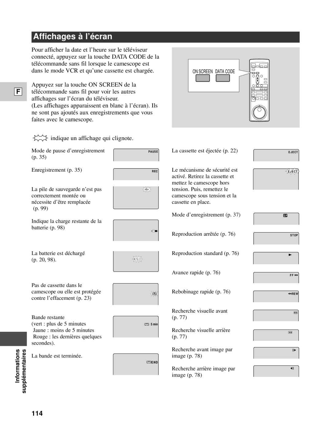 Canon XL1S instruction manual Affichages à l’é cran, 114 