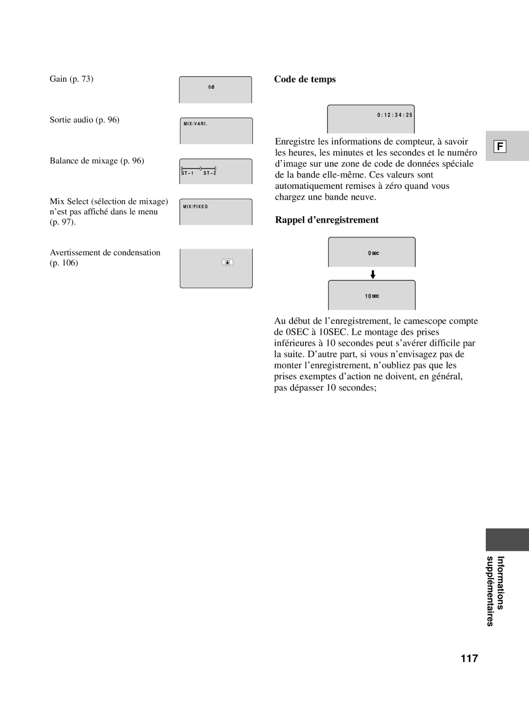 Canon XL1S instruction manual 117, Code de temps, Rappel d’enregistrement 