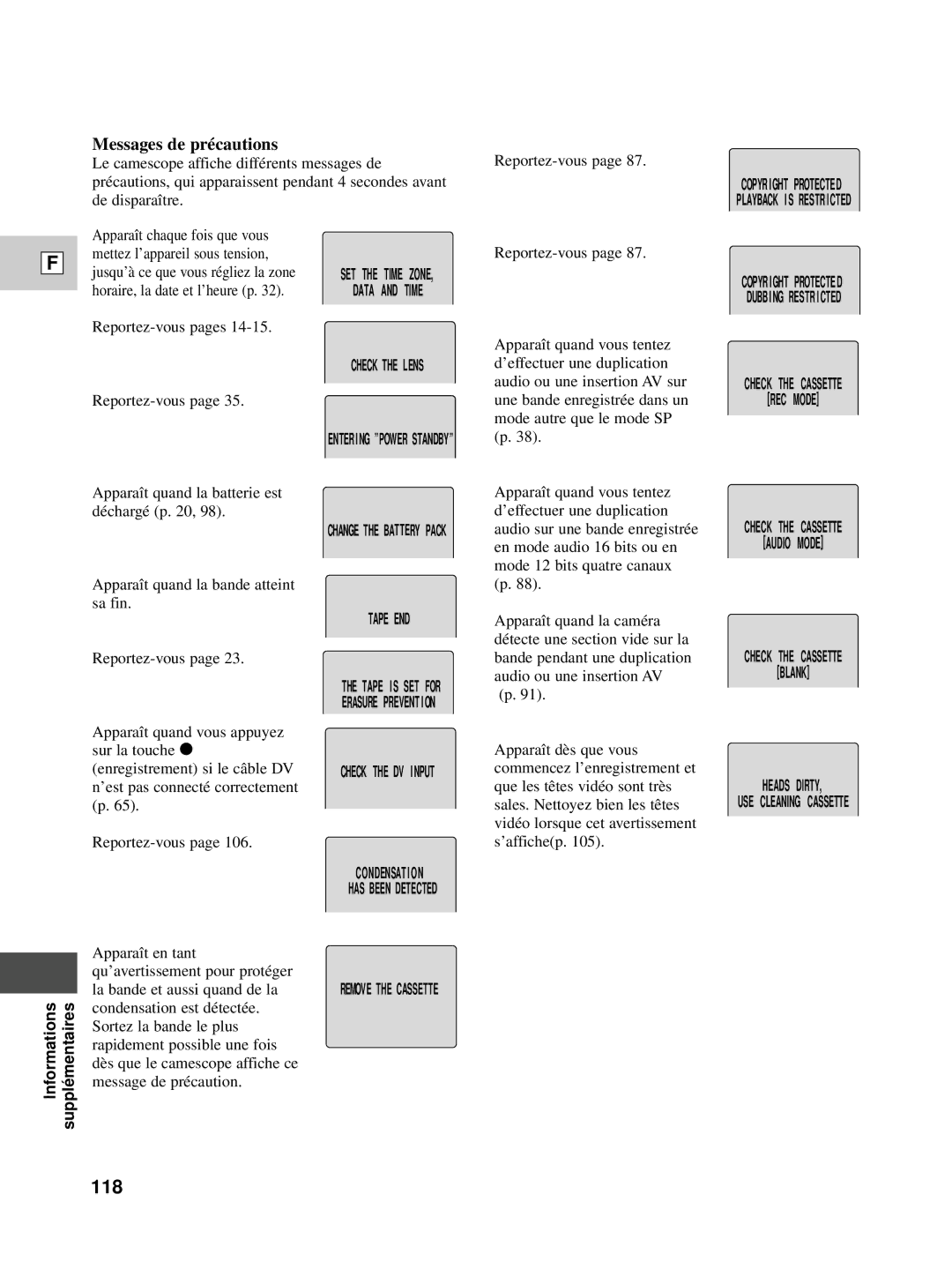 Canon XL1S instruction manual 118, Messages de précautions 