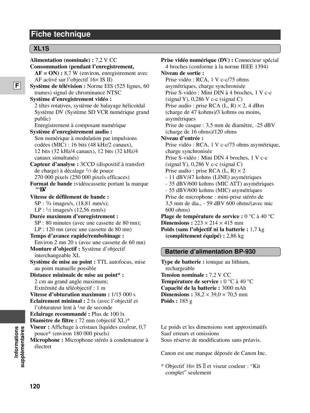 Canon XL1S instruction manual Fiche technique, Batterie d’alimentation BP-930, 120 