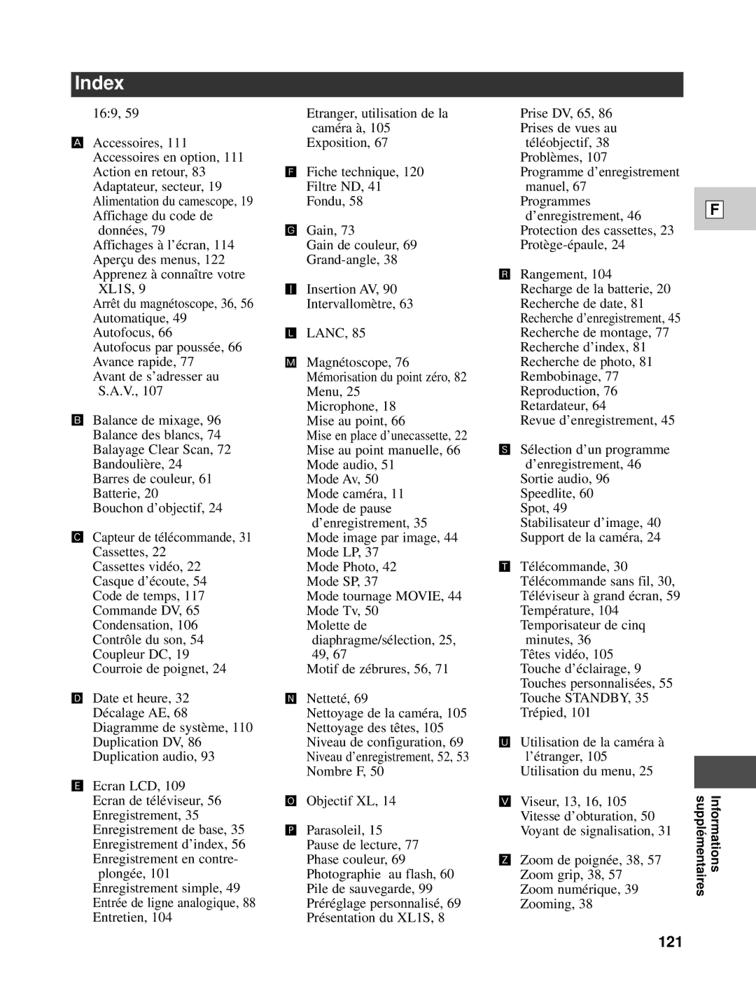 Canon XL1S instruction manual Index, 121 