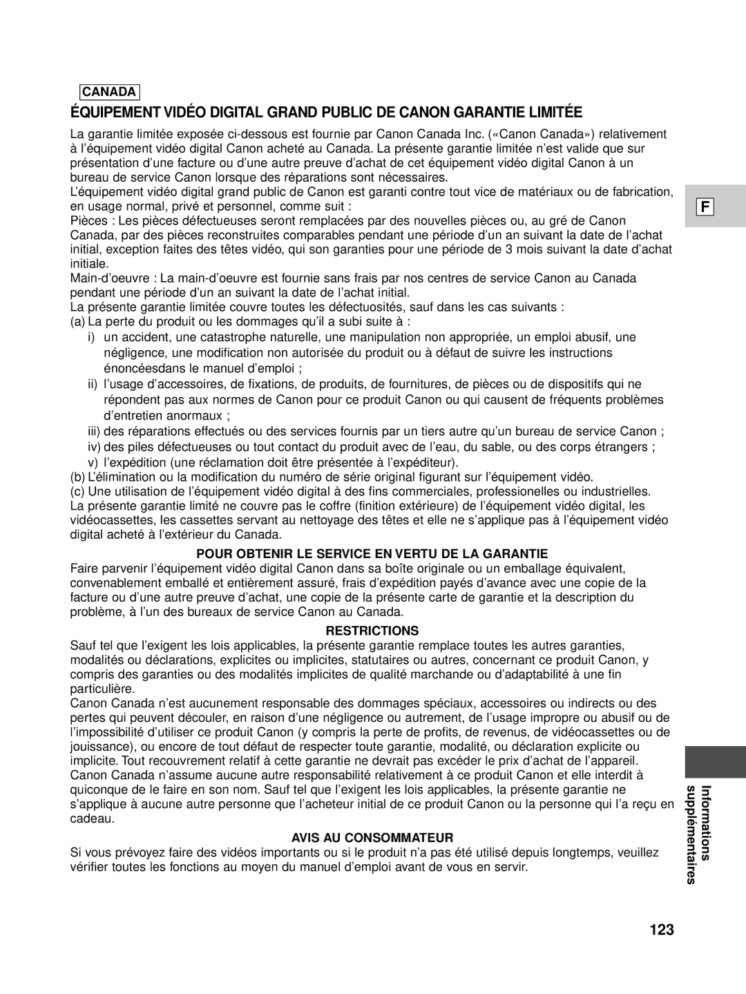 Canon XL1S instruction manual 123, Pour Obtenir LE Service EN Vertu DE LA Garantie 