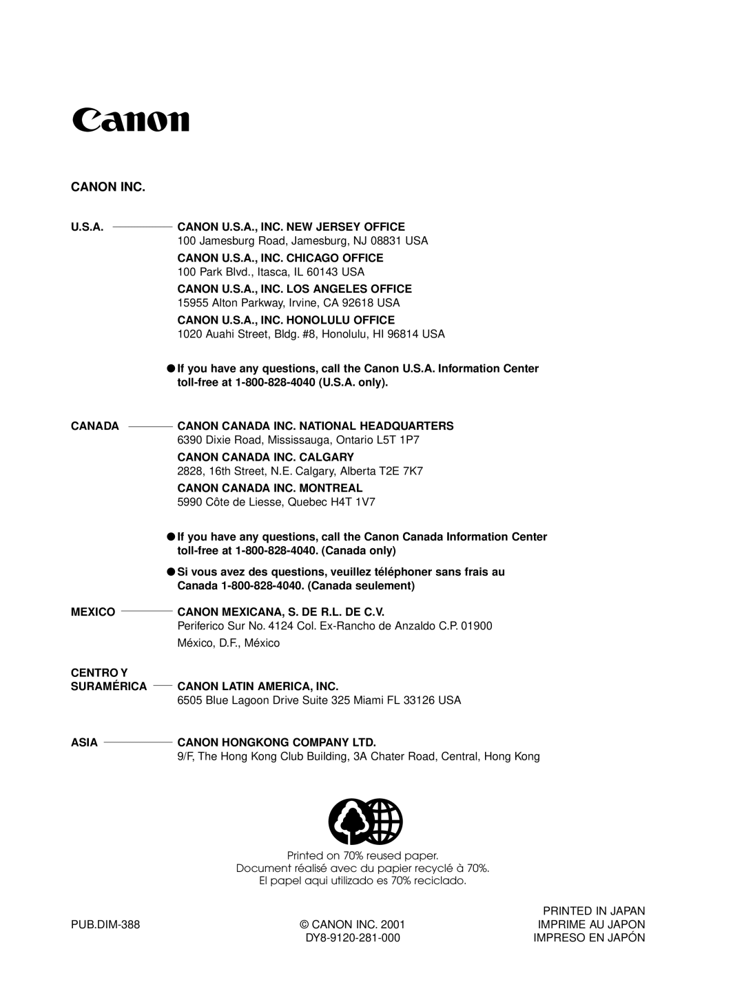 Canon XL1S instruction manual Canon INC 