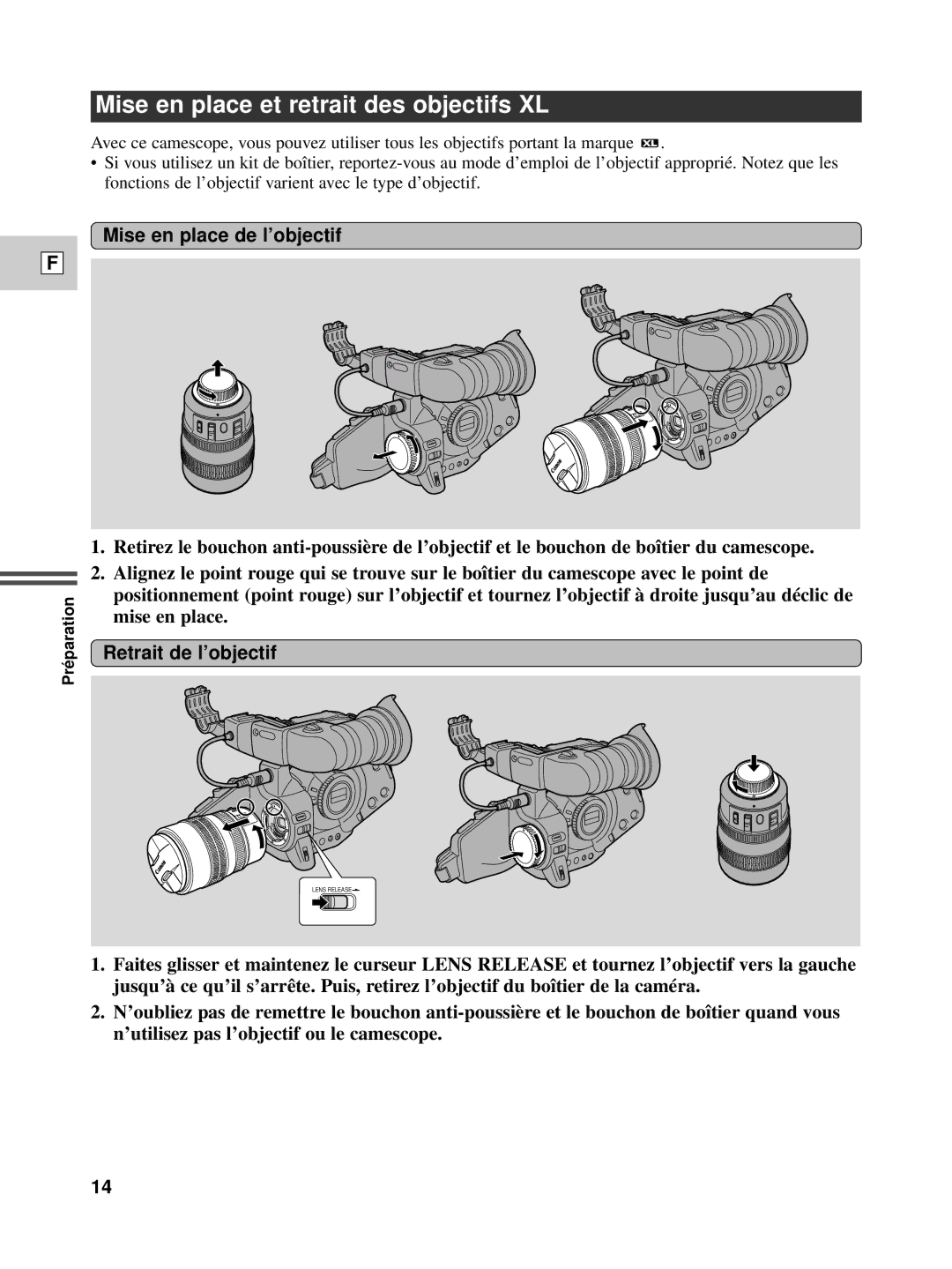 Canon XL1S instruction manual Mise en place et retrait des objectifs XL, Mise en place de l’objectif, Retrait de l’objectif 