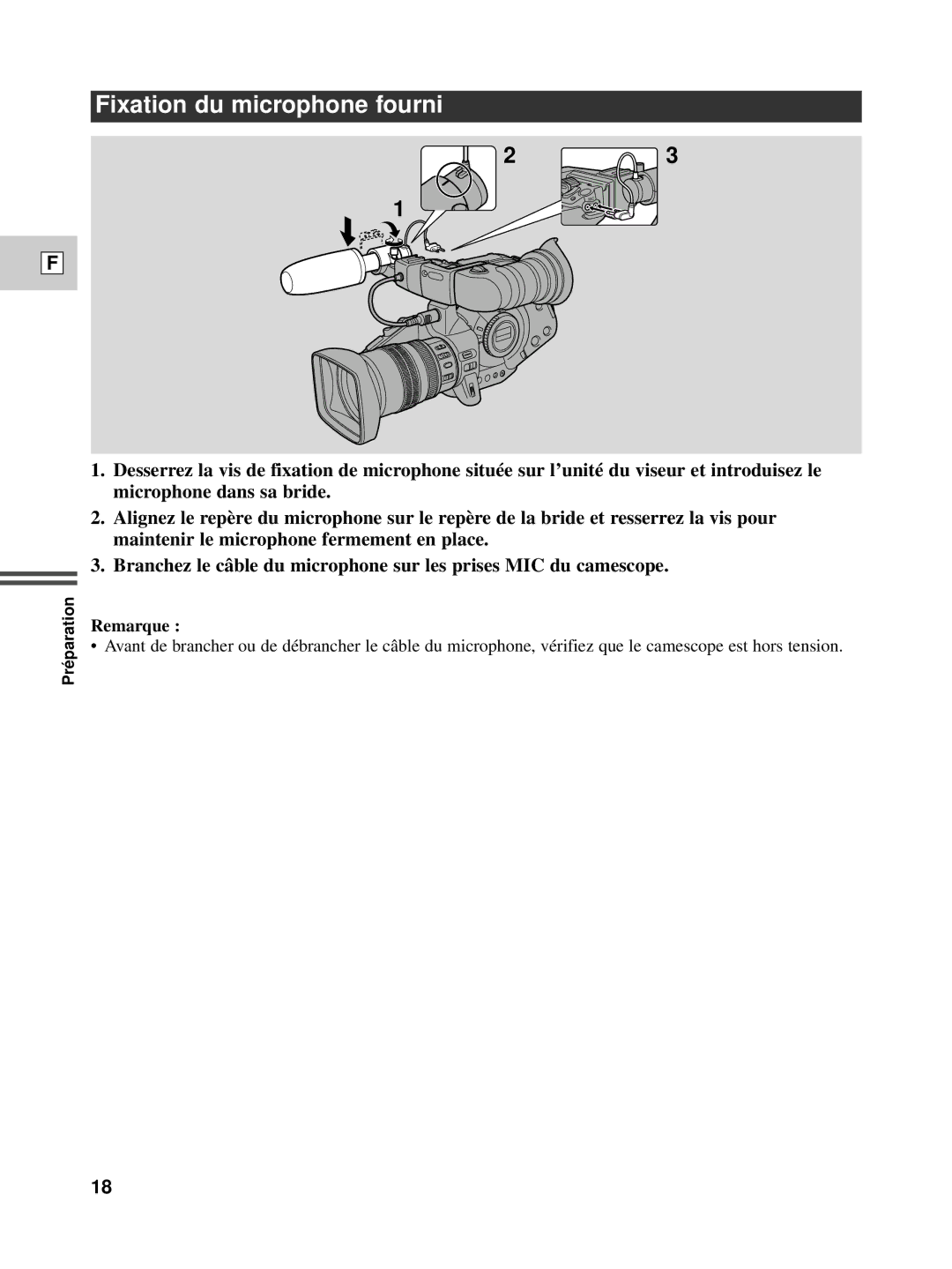 Canon XL1S instruction manual Fixation du microphone fourni, Remarque 