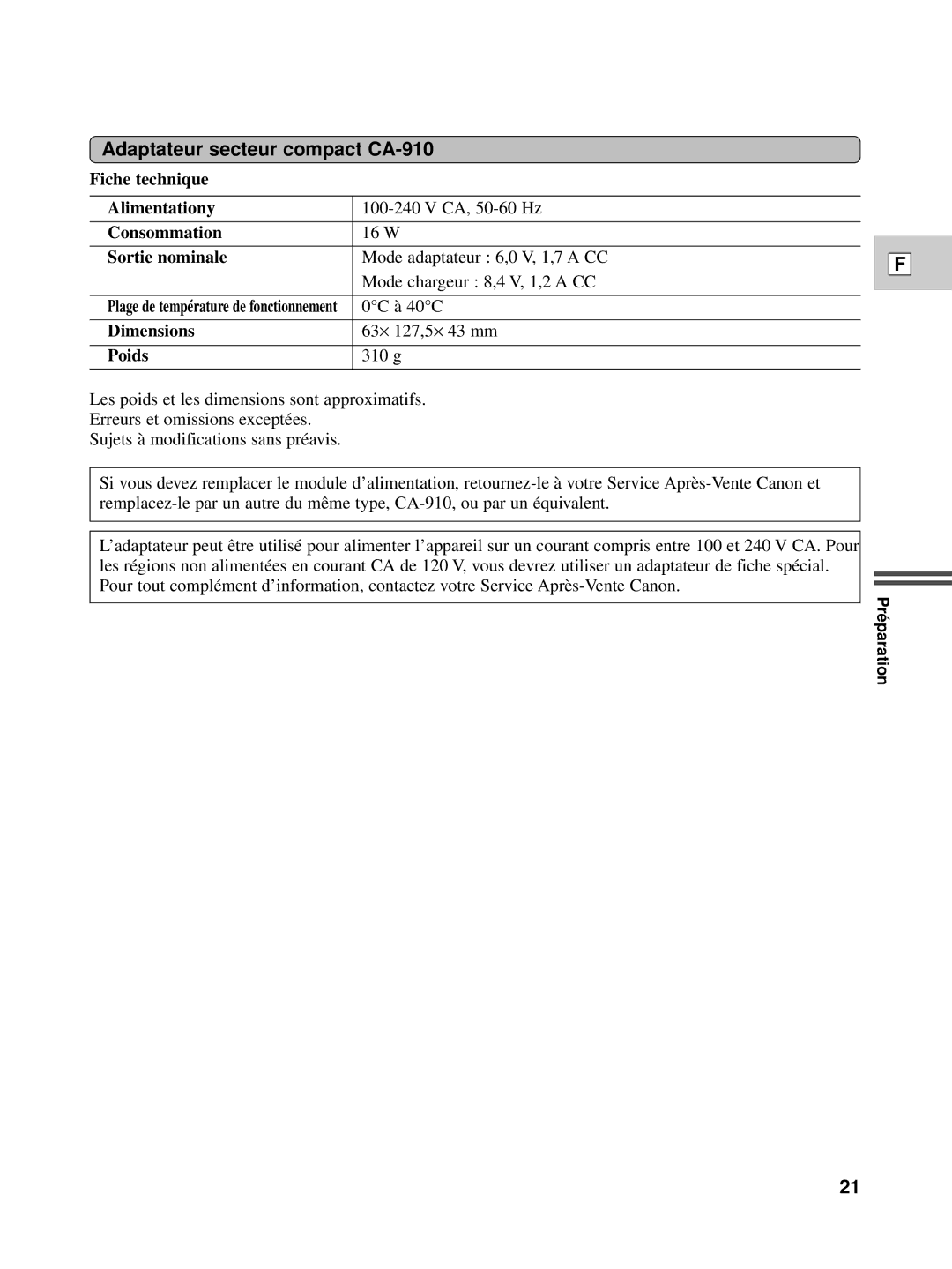 Canon XL1S instruction manual Adaptateur secteur compact CA-910 