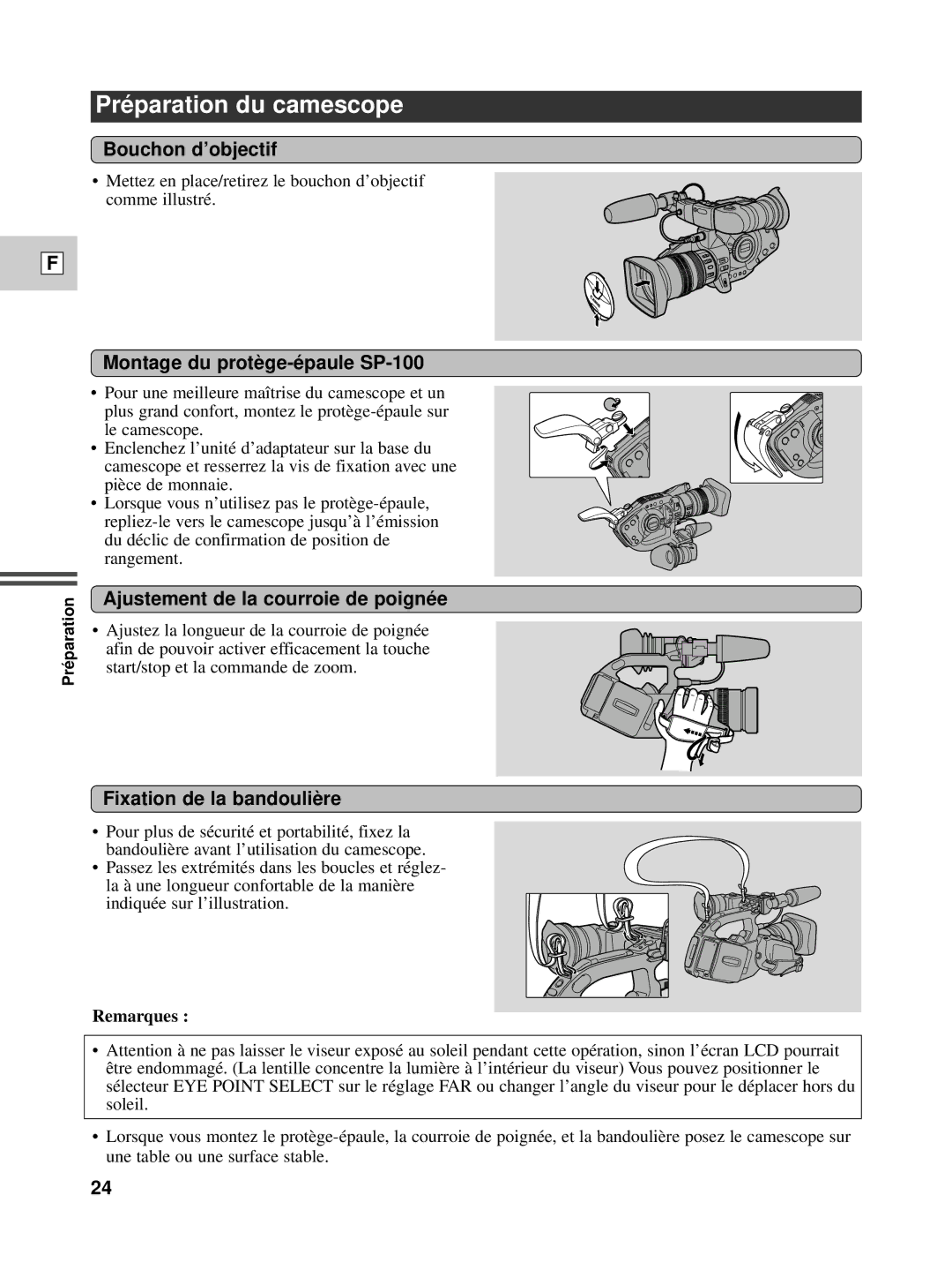 Canon XL1S Pré paration du camescope, Bouchon d’objectif, Montage du protè ge-é paule SP-100, Fixation de la bandouliè re 