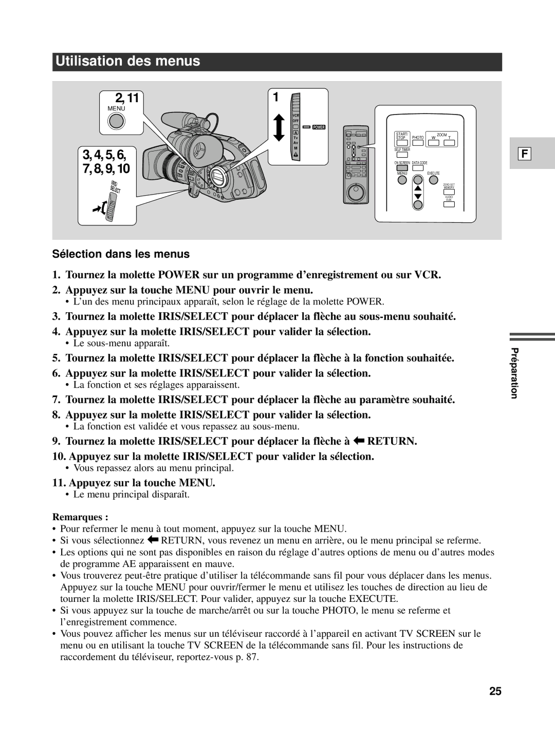 Canon XL1S instruction manual Utilisation des menus, Sé lection dans les menus, Appuyez sur la touche Menu 