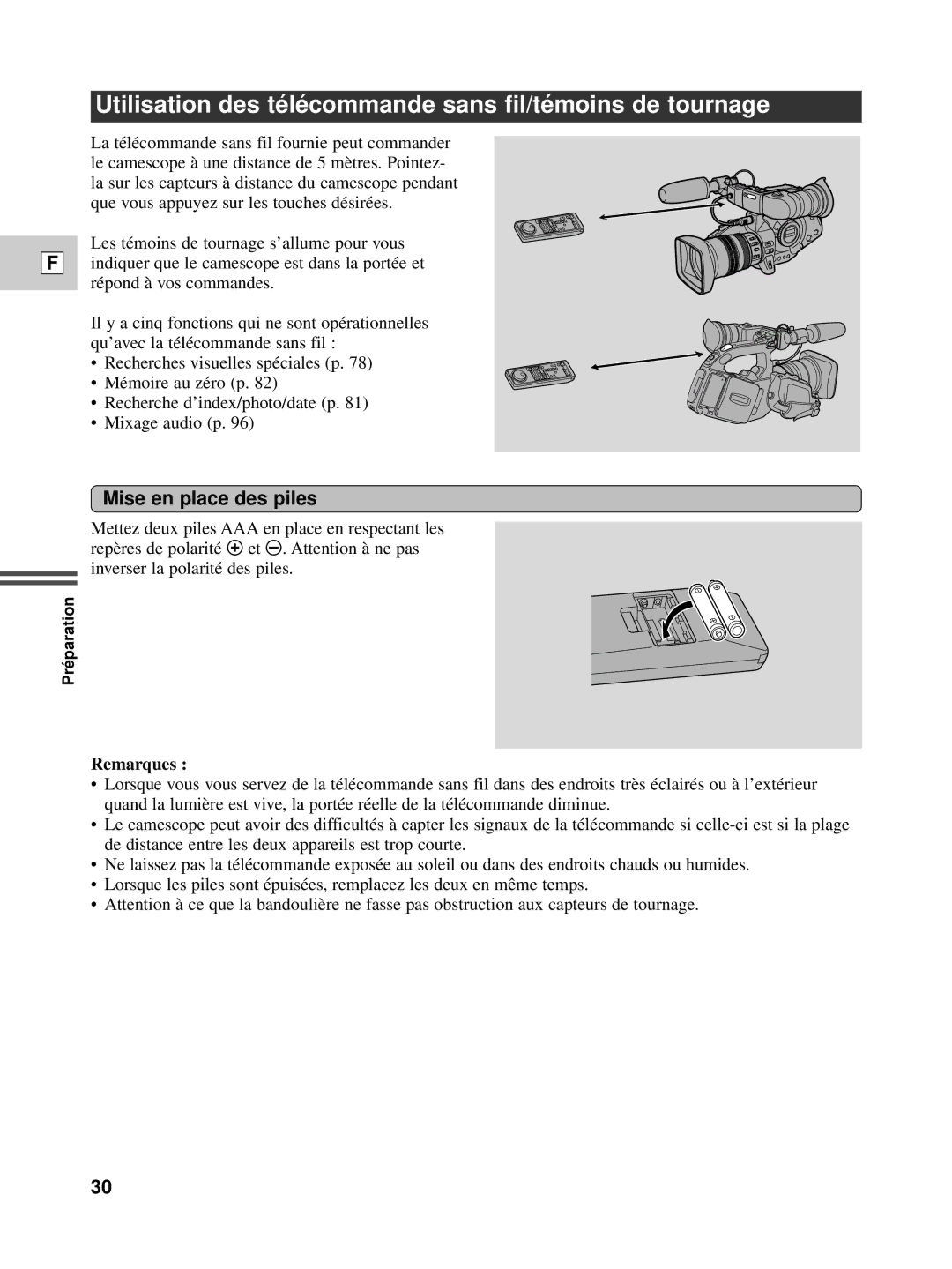 Canon XL1S instruction manual Utilisation des té lé commande sans fil/té moins de tournage, Mise en place des piles 