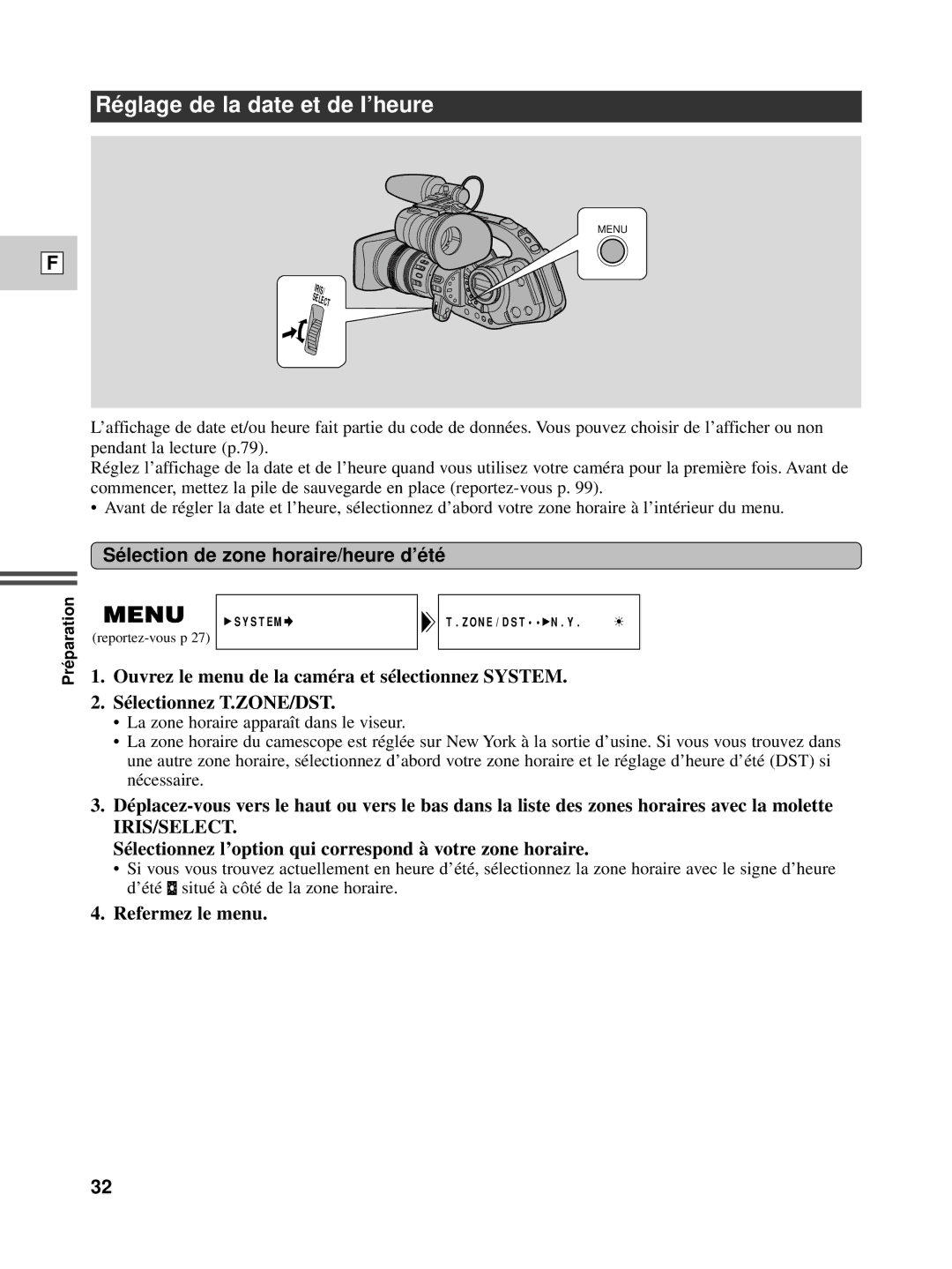 Canon XL1S Sé lection de zone horaire/heure d’é té, Sélectionnez l’option qui correspond à votre zone horaire 