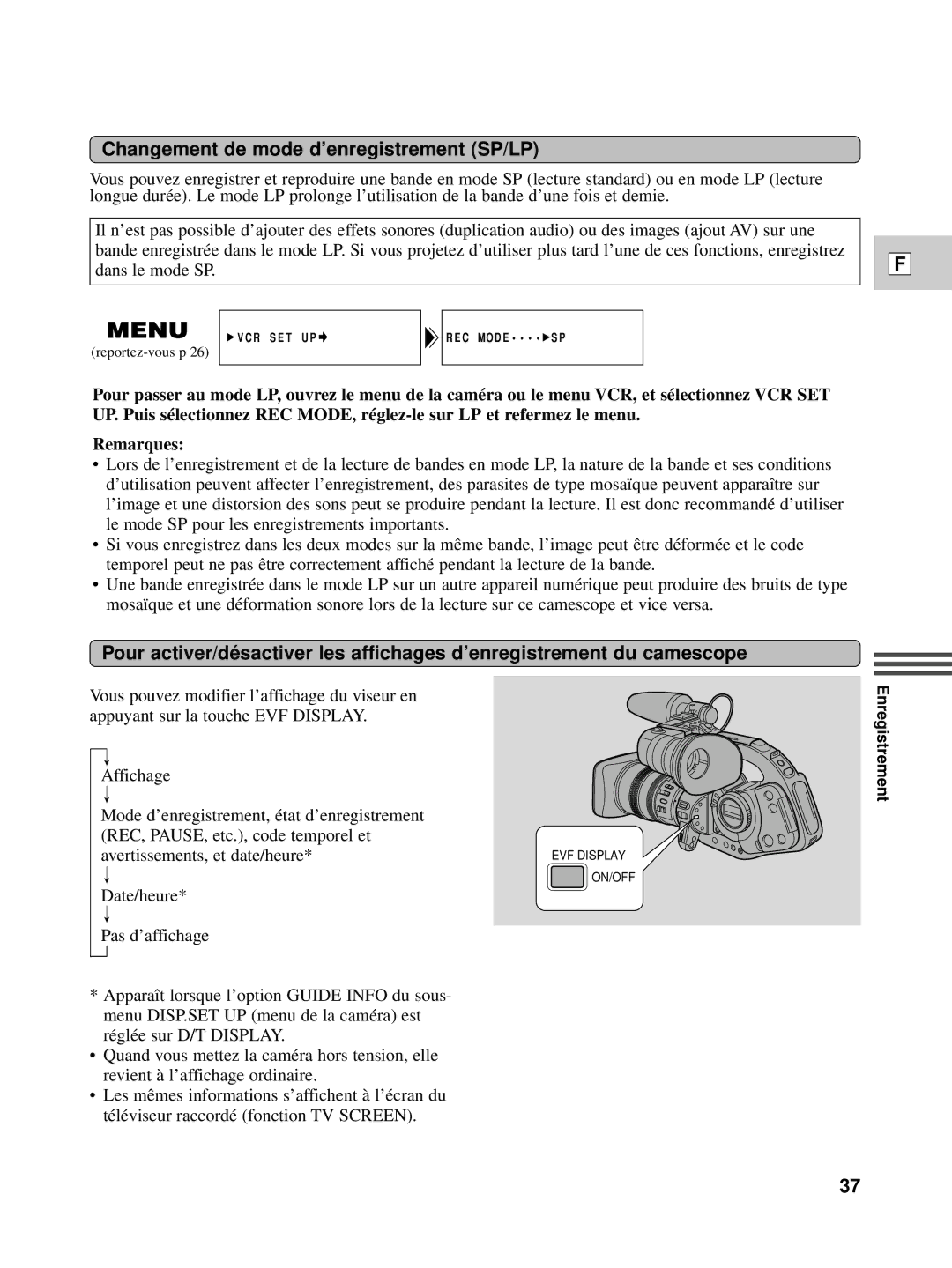 Canon XL1S instruction manual Changement de mode d’enregistrement SP/LP 