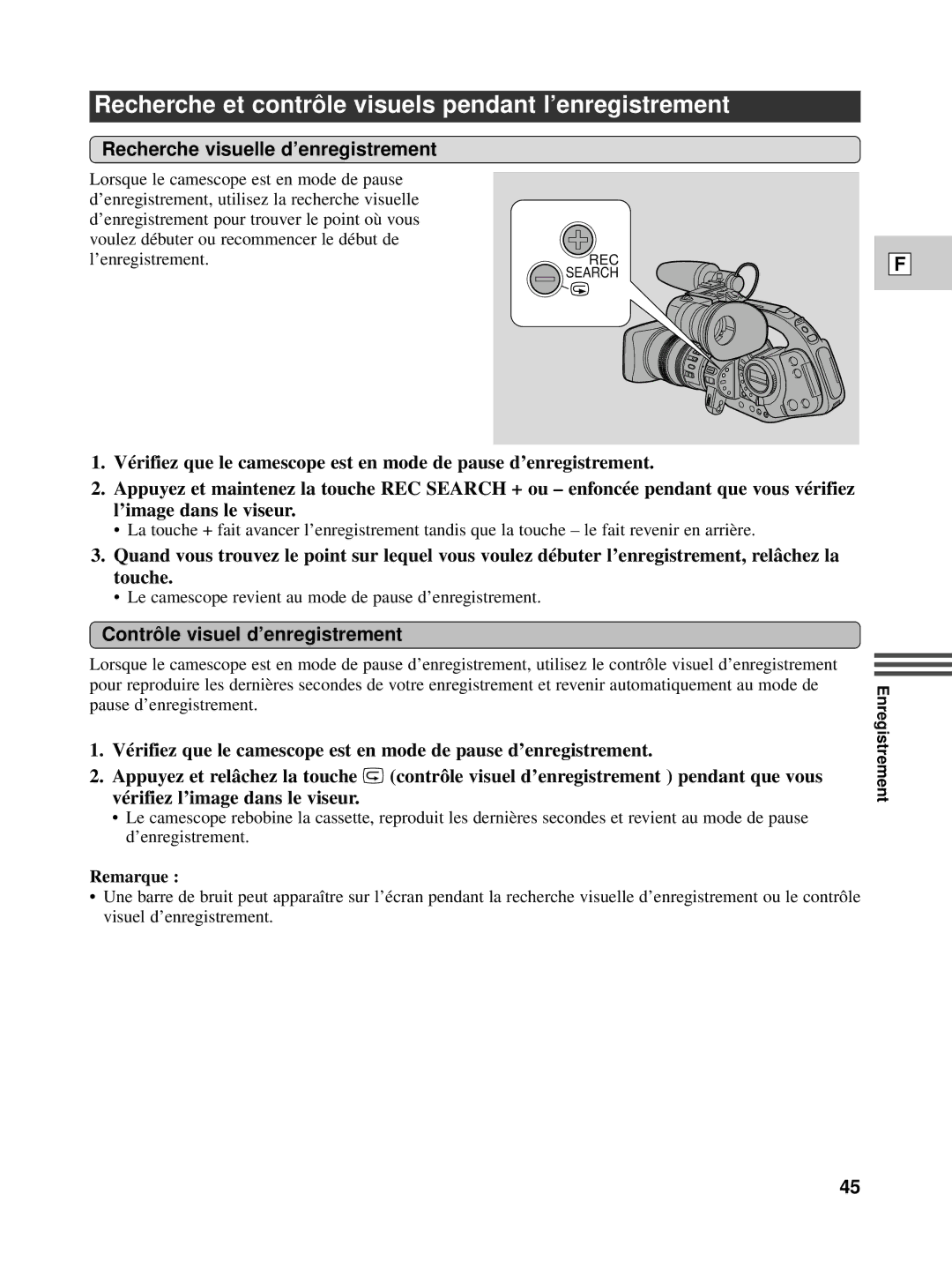 Canon XL1S instruction manual Recherche et contrô le visuels pendant l’enregistrement, Recherche visuelle d’enregistrement 