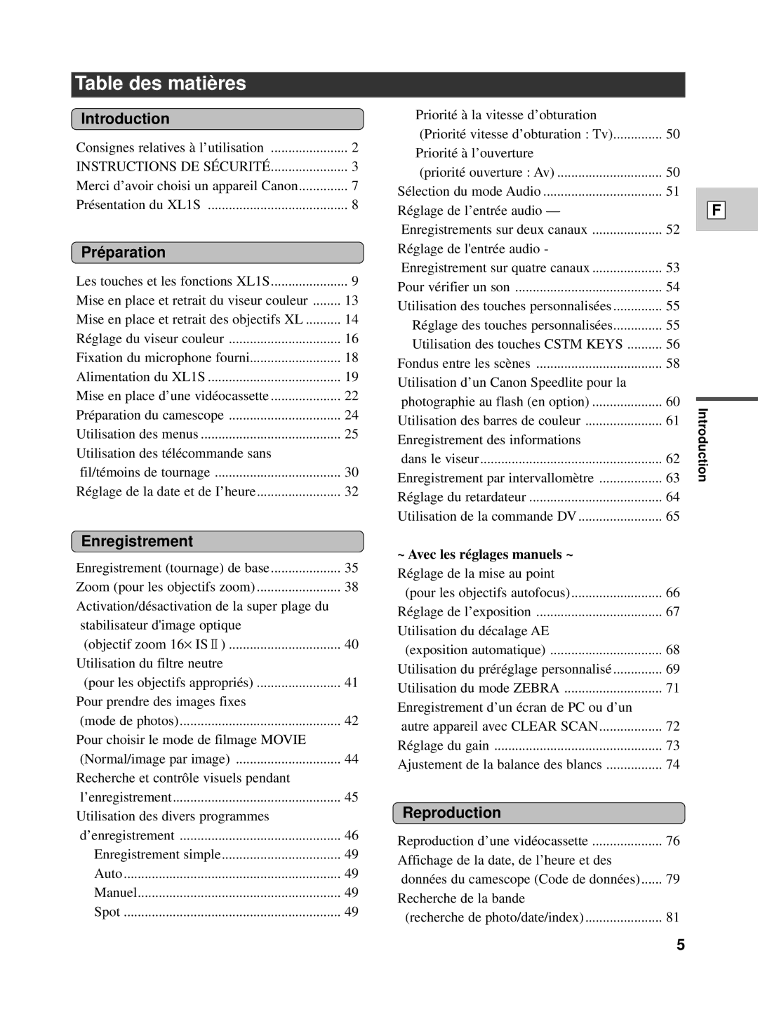 Canon XL1S instruction manual Table des matiè res, Introduction, Pré paration, Enregistrement, Reproduction 