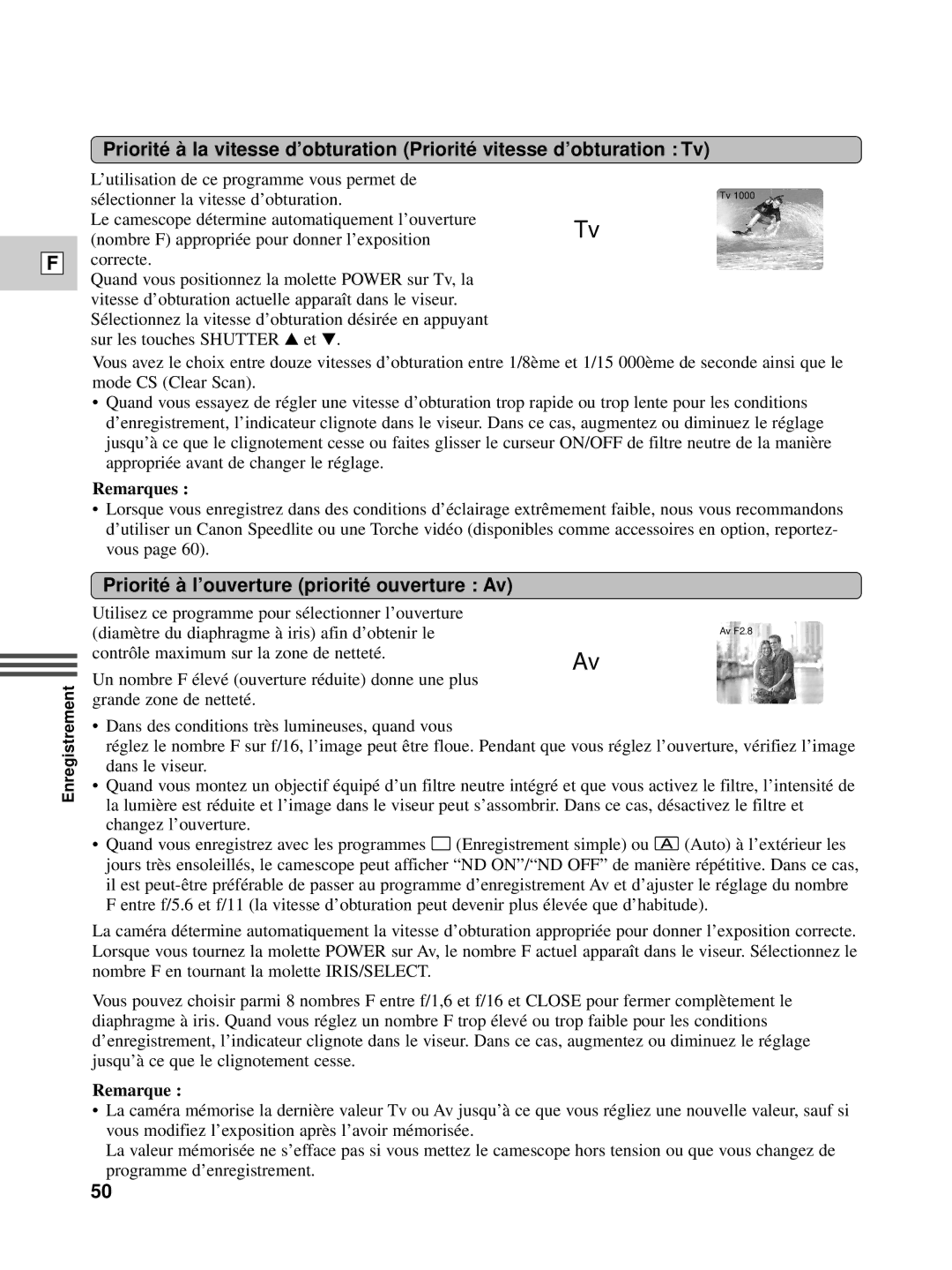 Canon XL1S instruction manual Priorité à l’ouverture priorité ouverture Av, Remarques 