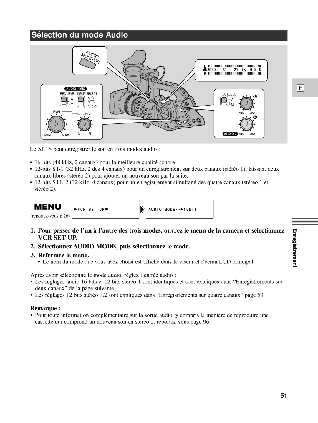 Canon XL1S instruction manual Sé lection du mode Audio 