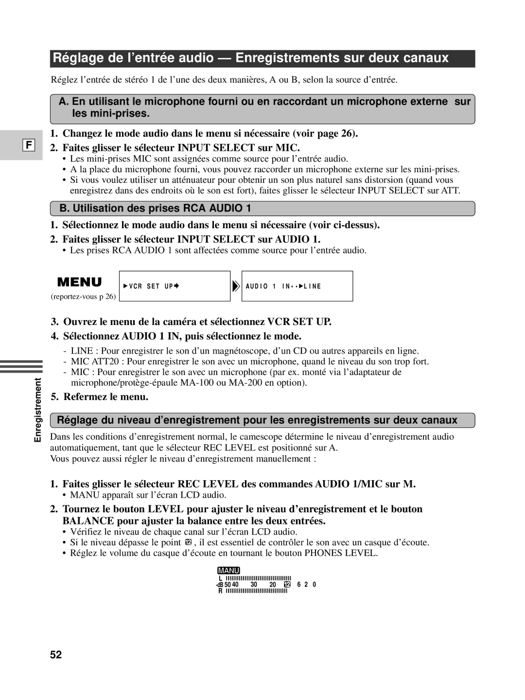 Canon XL1S instruction manual Ré glage de l’entré e audio Enregistrements sur deux canaux, Utilisation des prises RCA Audio 