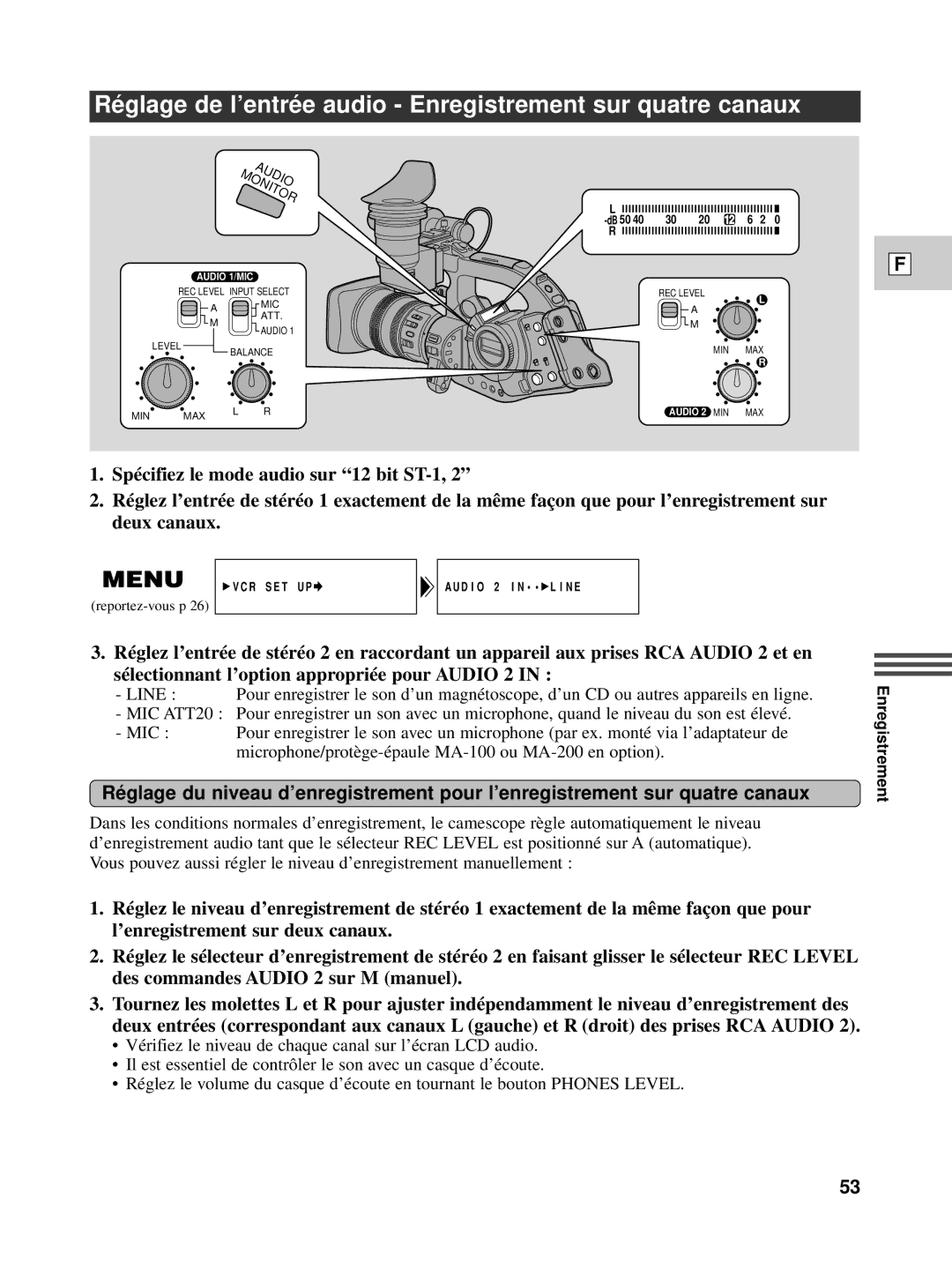 Canon XL1S instruction manual Ré glage de l’entré e audio Enregistrement sur quatre canaux 