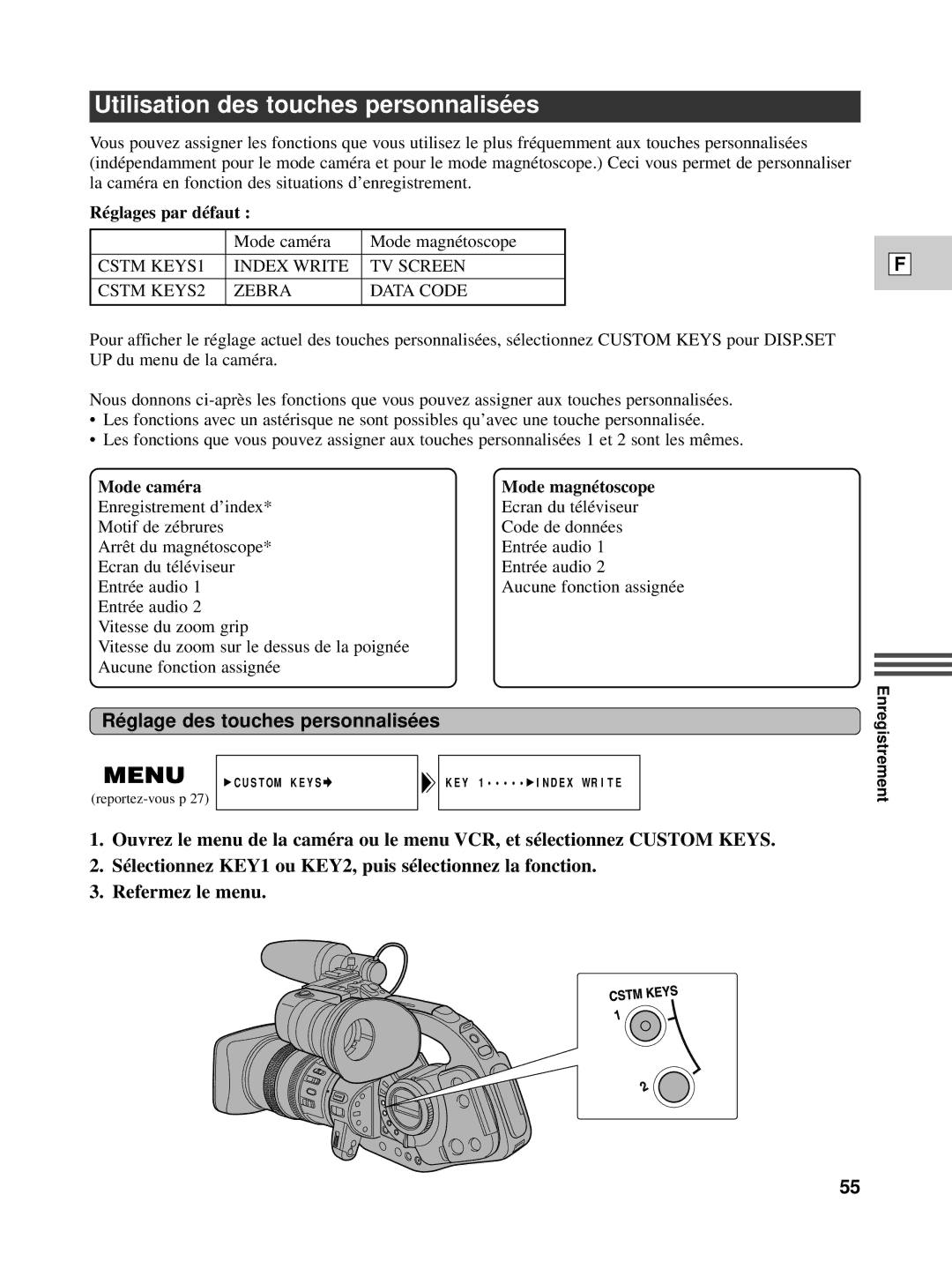 Canon XL1S Utilisation des touches personnalisé es, Ré glage des touches personnalisé es, Réglages par défaut 