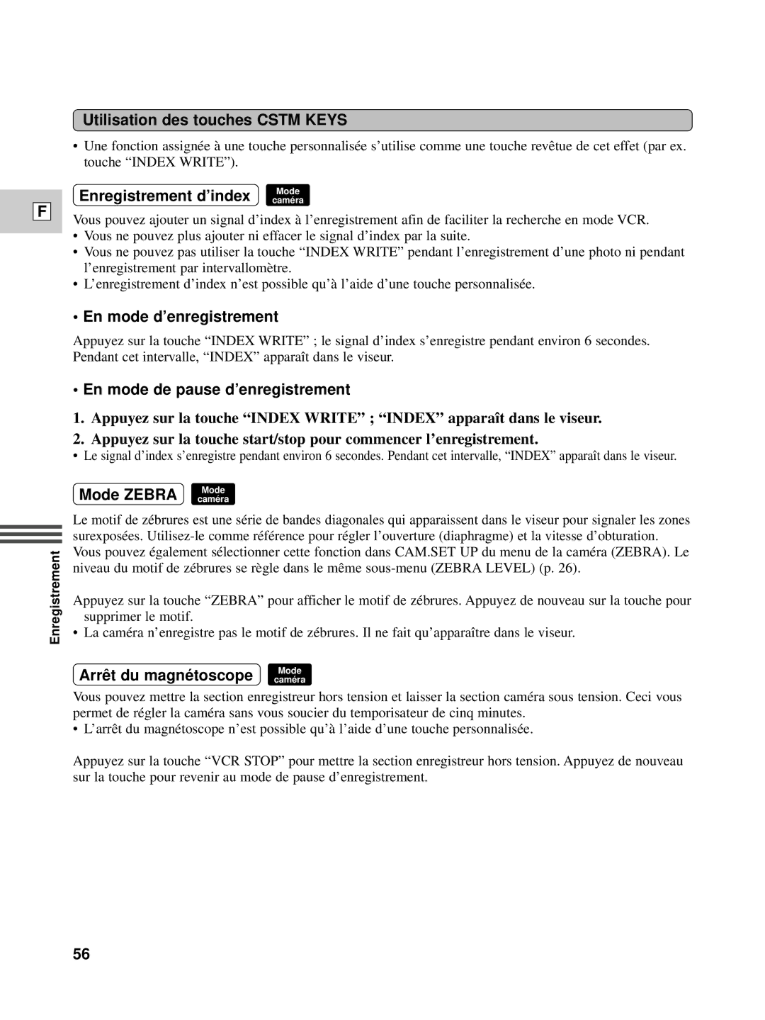 Canon XL1S instruction manual Utilisation des touches Cstm Keys, Enregistrement d’index 