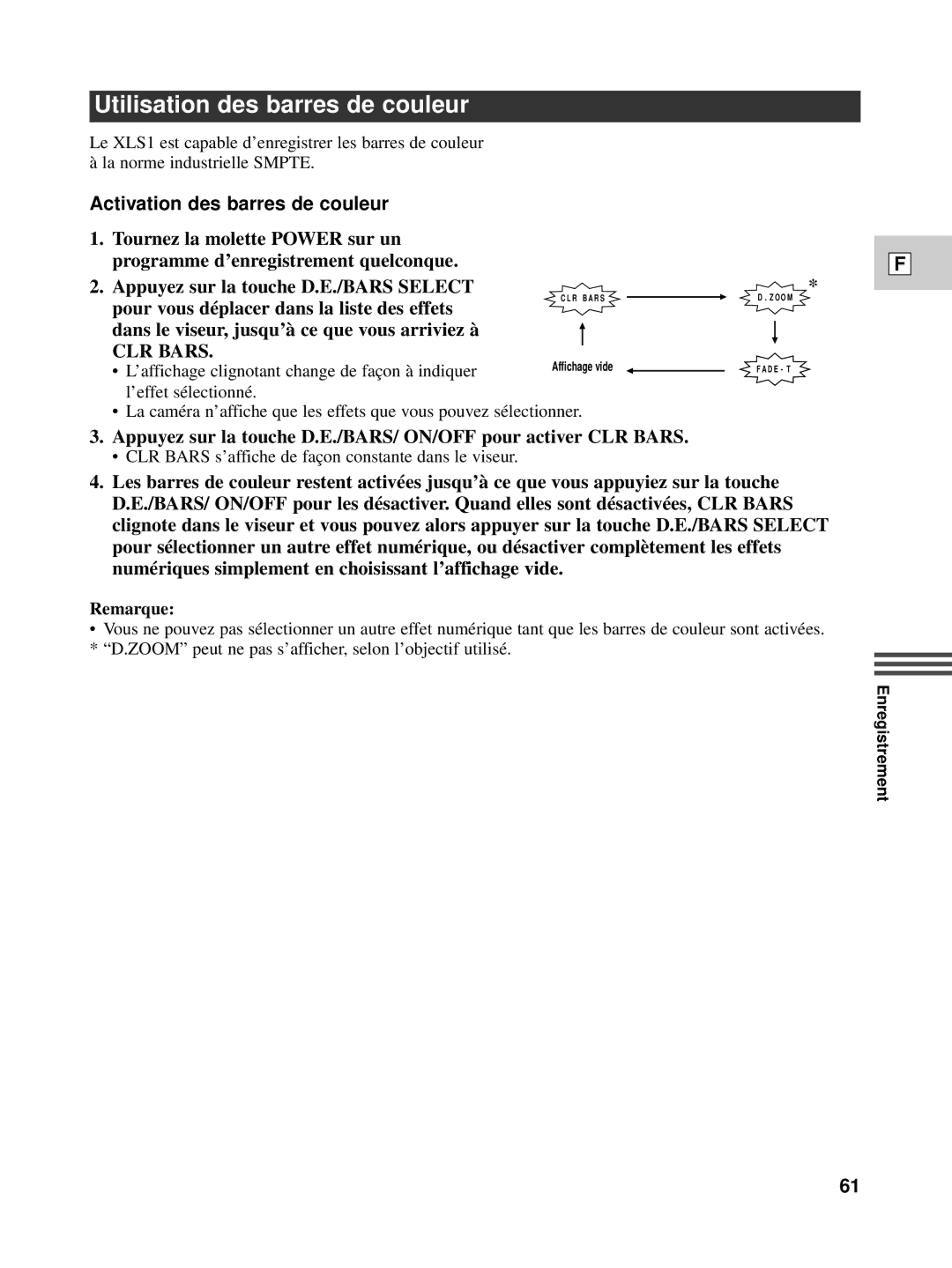 Canon XL1S instruction manual Utilisation des barres de couleur, Activation des barres de couleur 