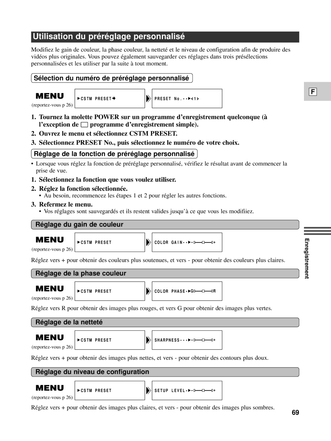 Canon XL1S instruction manual Utilisation du pré ré glage personnalisé 