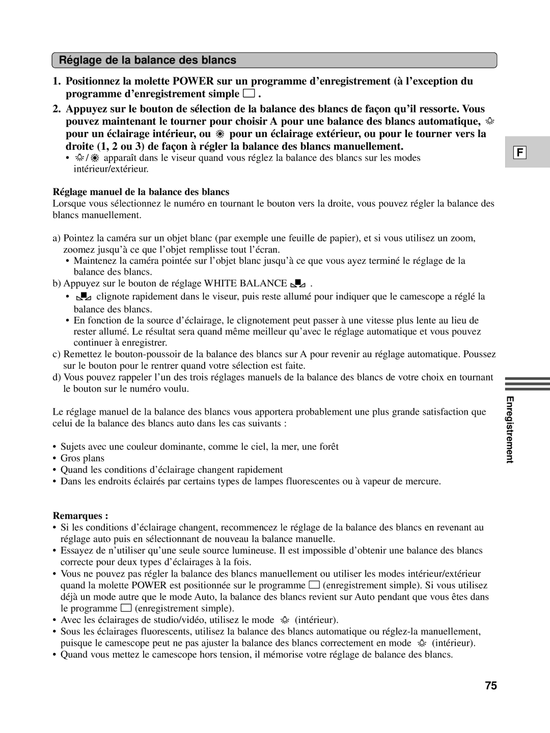 Canon XL1S instruction manual Ré glage de la balance des blancs, Réglage manuel de la balance des blancs 