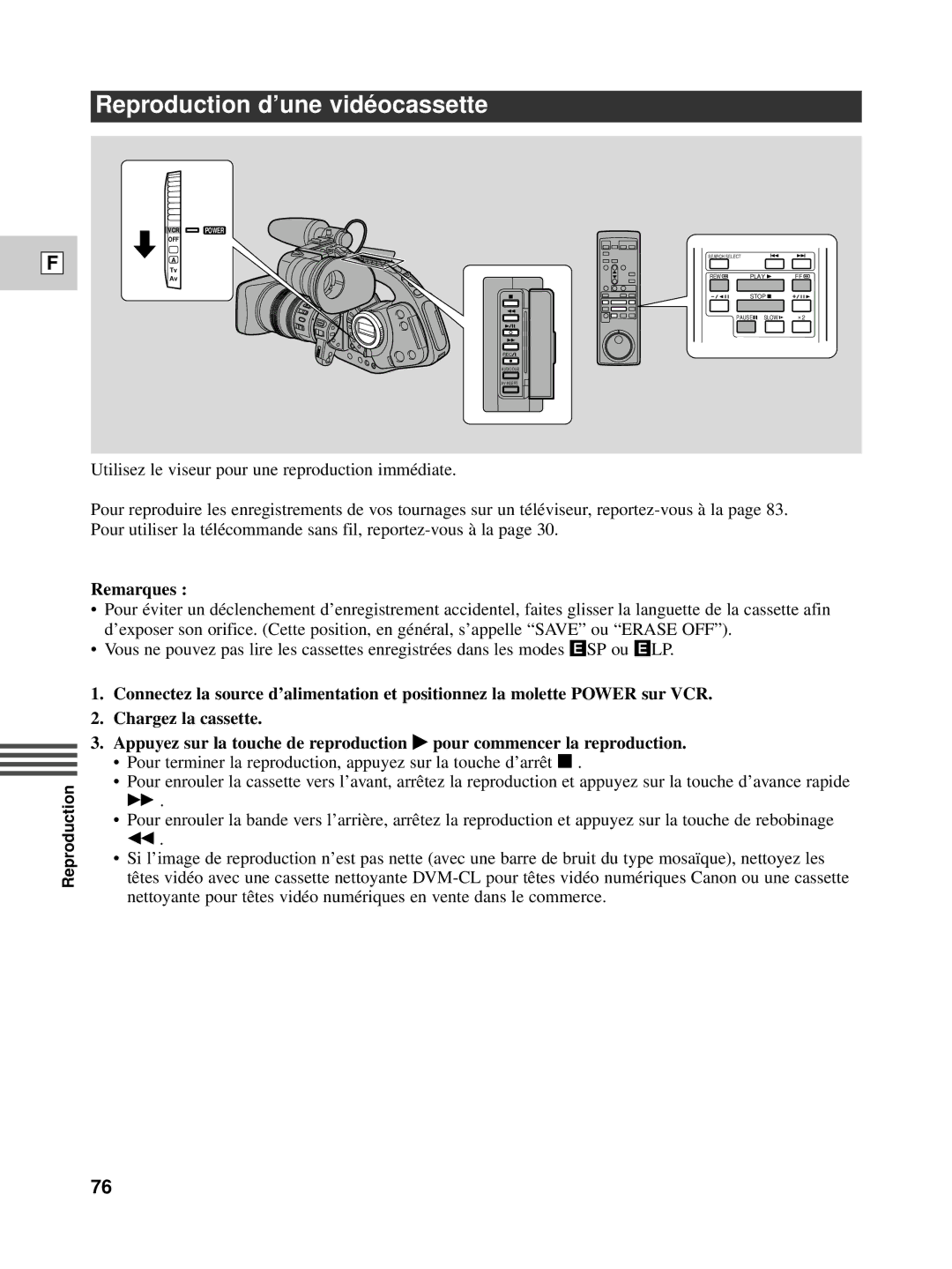 Canon XL1S instruction manual Reproduction d’une vidéocassette 